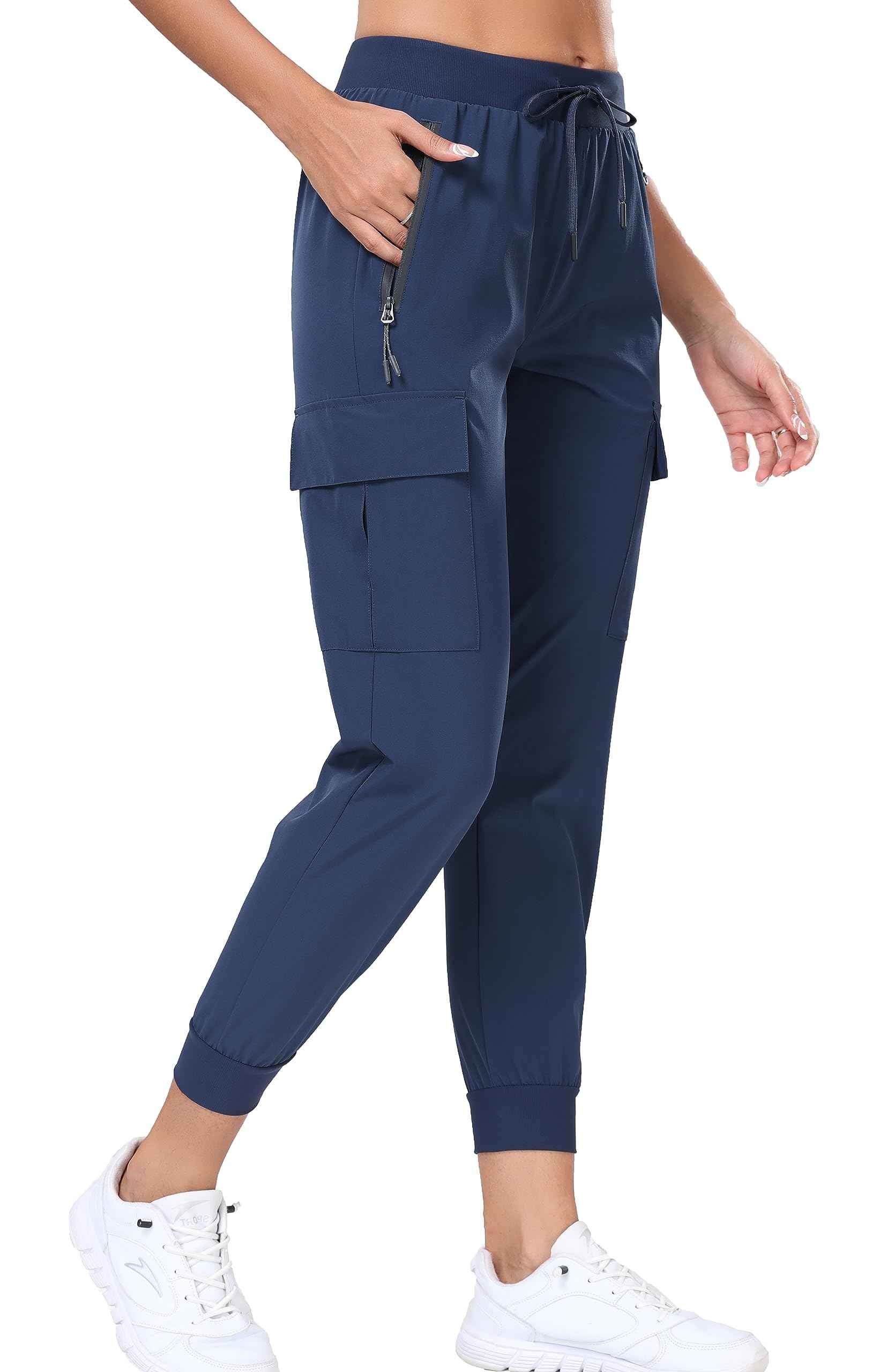 Oalka Women's Cargo Hiking Pants Lightweight Travel Pockets Joggers Quick Dry Navy Blue 2XL