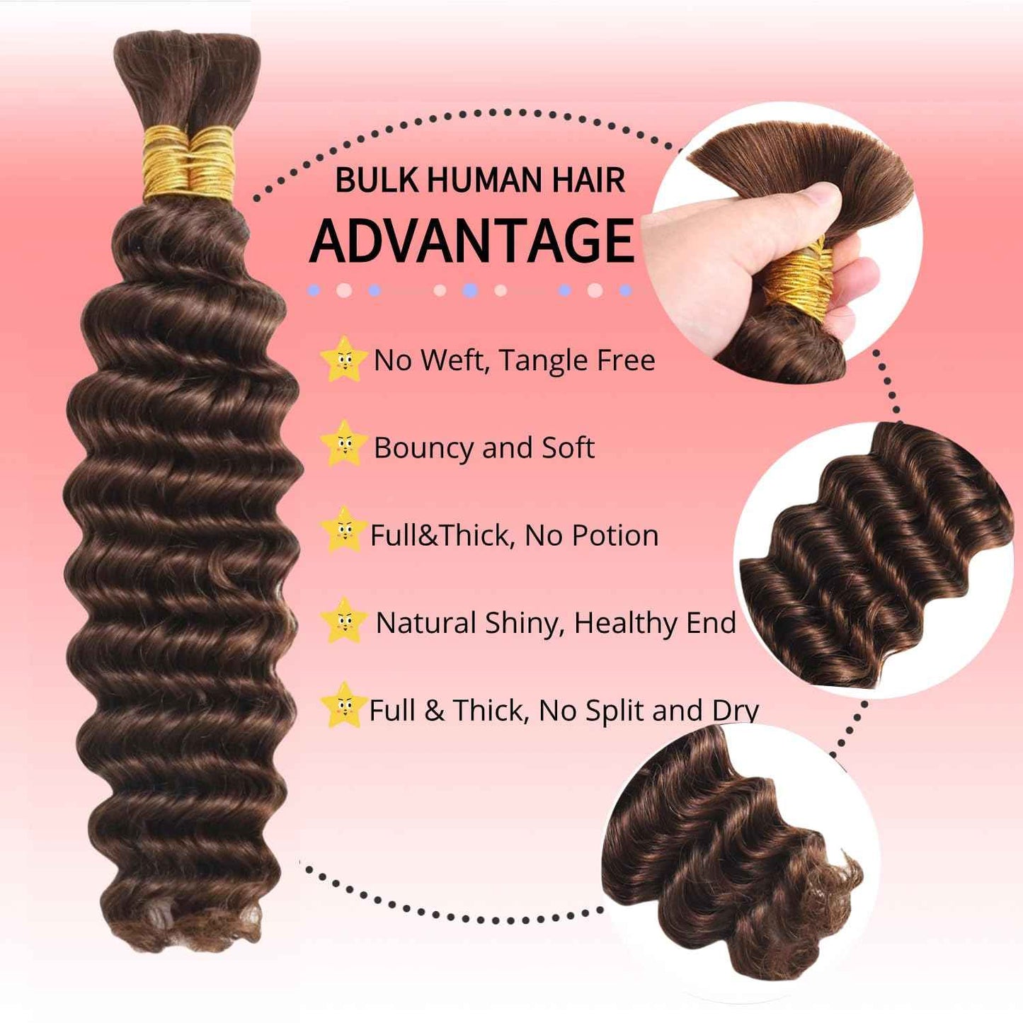 Chocolate Brown Human Braiding Hair For Boho Braids 4# 100g Deep Wave Bulk Human Hair for Braiding 12A No Weft Curly Human Hair Extensions Wet and Wavy Boho Hair for Braiding (4#-Deep Wave, 16 Inch)