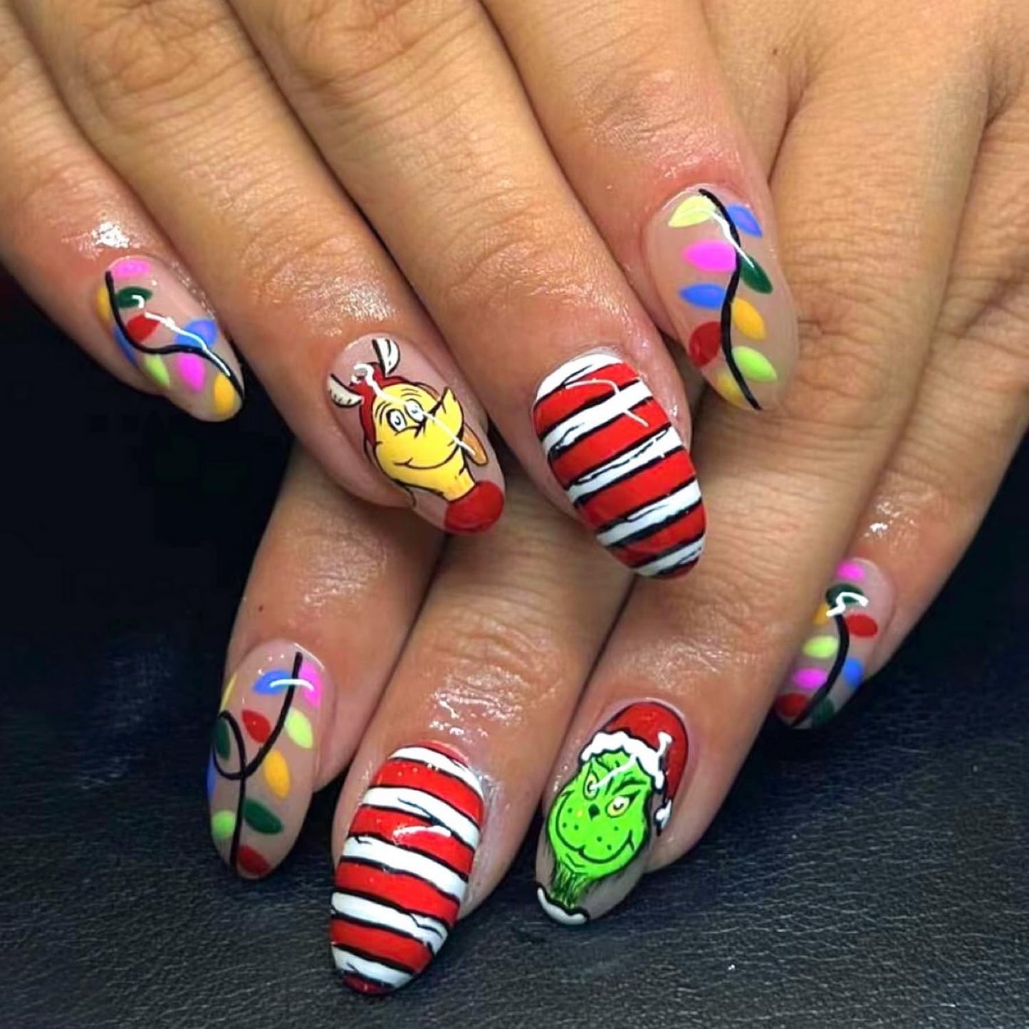 Christmas Press on Nails Almond Medium Fake Nails Cute Cartoon Grinchs Stick on Nails False Nails with Designs Acrylic Nails Winter Xmas Glue on Nails Full Cover Holiday Artificial Nails for Women