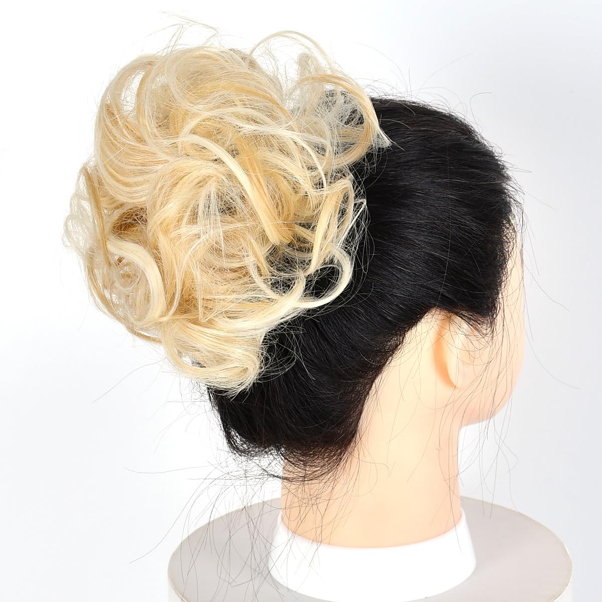 Messy Hair Bun Curly Wavy Chignon Ponytail Donut Hair Pad Elastic Hair Rope Rubber Band Synthetic Hairpiece Honey Blonde & Bleach Blonde Highlights 30H621