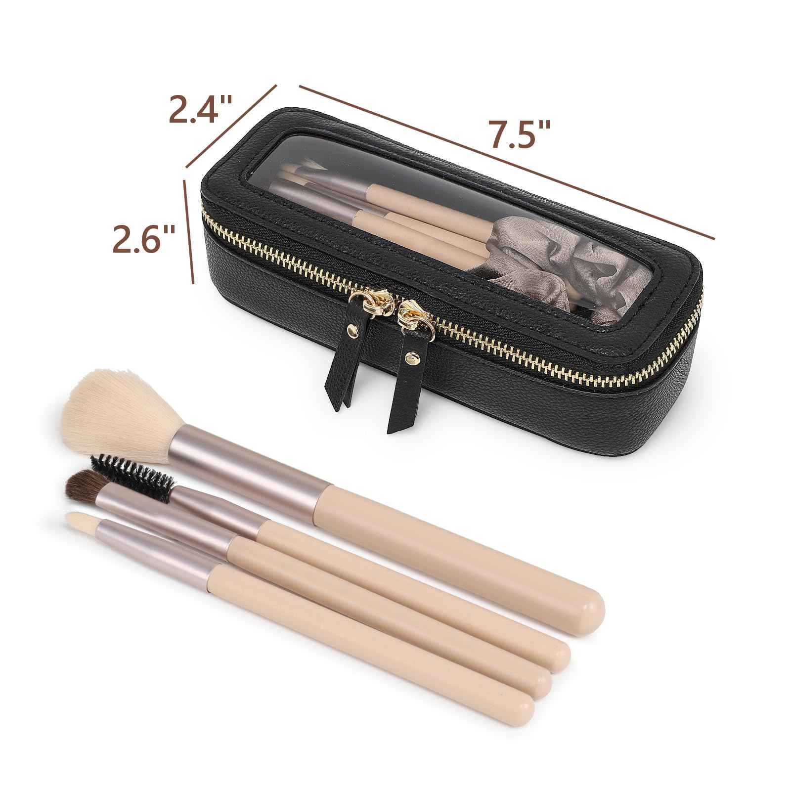 PACKISM Slim Clear Makeup Brush Bag, Pebbled Texture & Hard PU Leather Small Cosmetic Brush Holder, Mini Toiletry Bag Make up Bags with Message Card, Cute Travel Essentials Bag (Black)