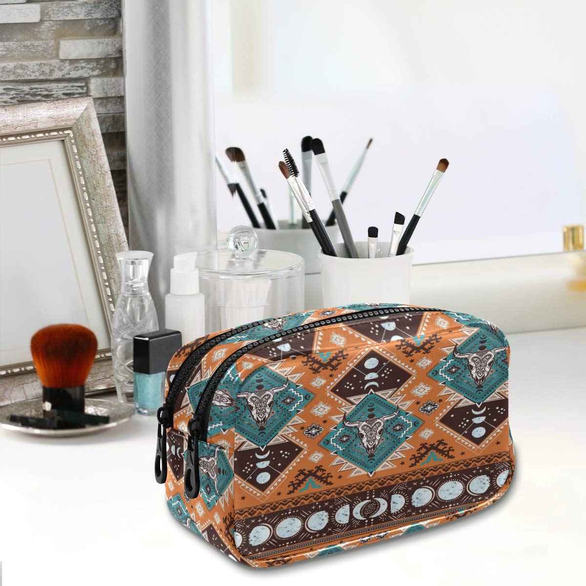 ALAZA Indian Tribal Aztec Ornament Geometric Pattern with Skulls Cosmetic Bag Leather Pencil Case Waterproof Portable Travel Makeup Pouch with Zipper for Women