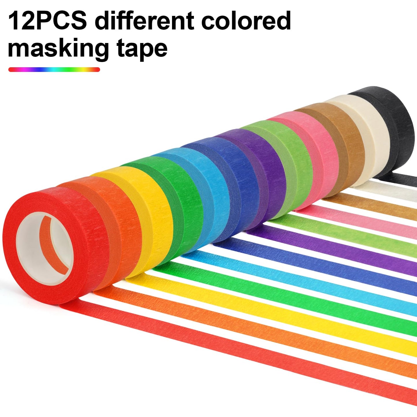 Guirnd 12PCS Colored Masking Tape, Kids Art Supplies Colored Tape, DIY Craft Tape, Colored Tape Rolls, Colored Painters Tape 1.7cm x 18m (2/3In x 19.5Yards)