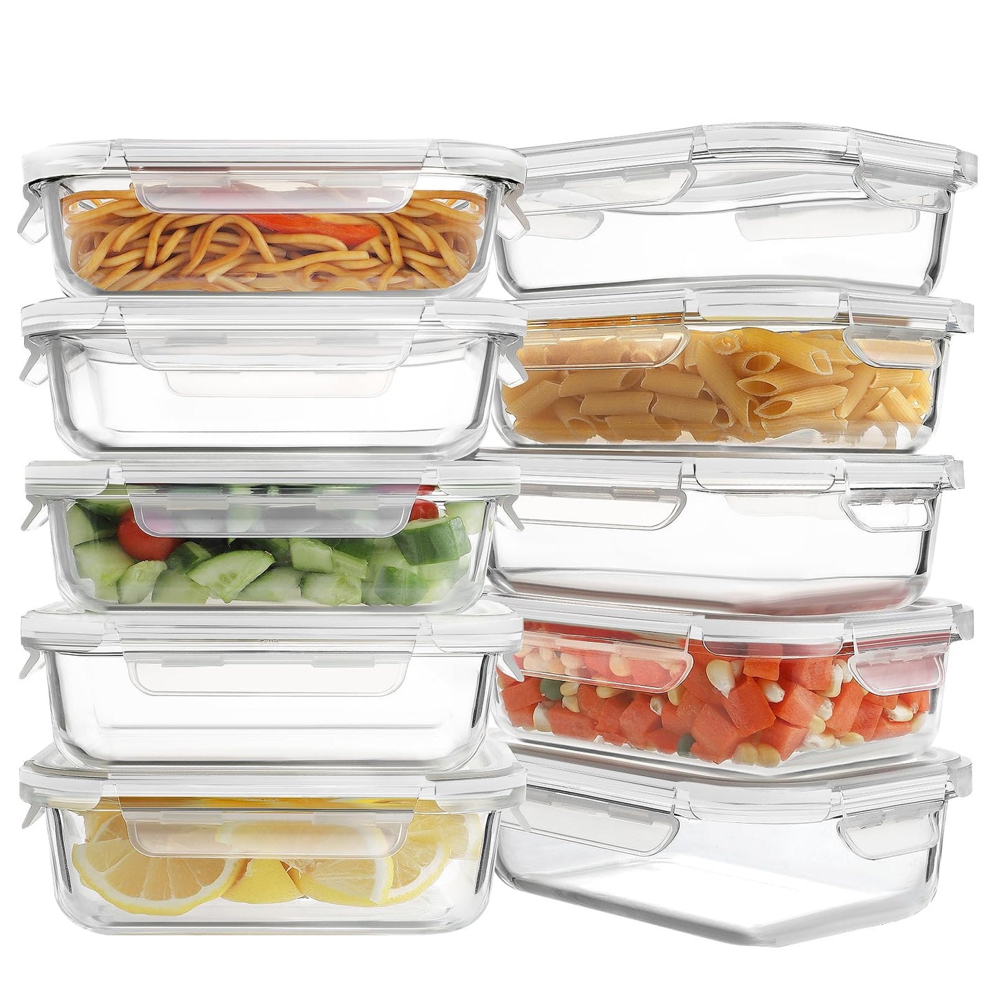 HOMBERKING 10 Pack Glass Meal Prep Containers, Glass Food Storage Containers with Lids, Airtight Glass Lunch Bento Boxes, BPA-Free & Leak Proof (10 lids & 10 Containers) - White