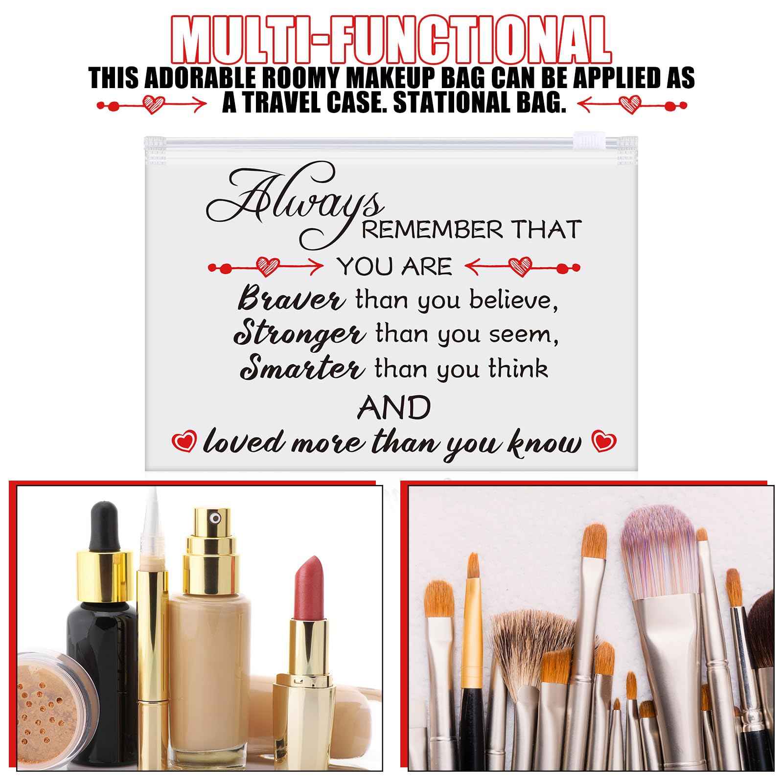 Sunnyray 60 Pcs Makeup Bags Bulk Inspirational Gifts Bags for Women EVA Cosmetic Bag with Zipper for Housekeeping Week Appreciation Gifts(Always Remember You Are Braver Than You Think)