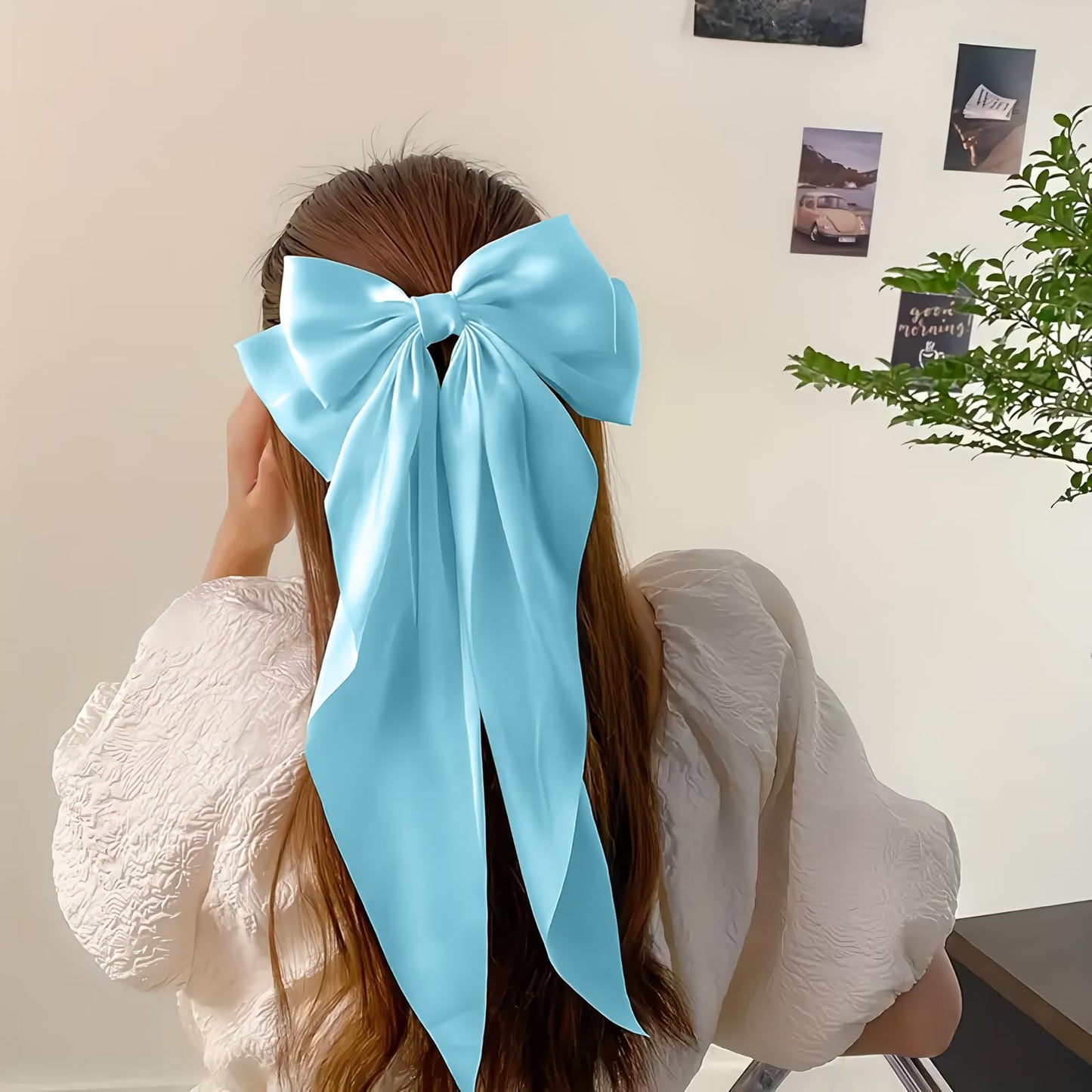 DJAIOD Hair Bow for Women,Blue Silky Satin Bow, Large Light Blue Hair Bows, Long Bow Clip, Coquette Bows Cute barrettes for Girls