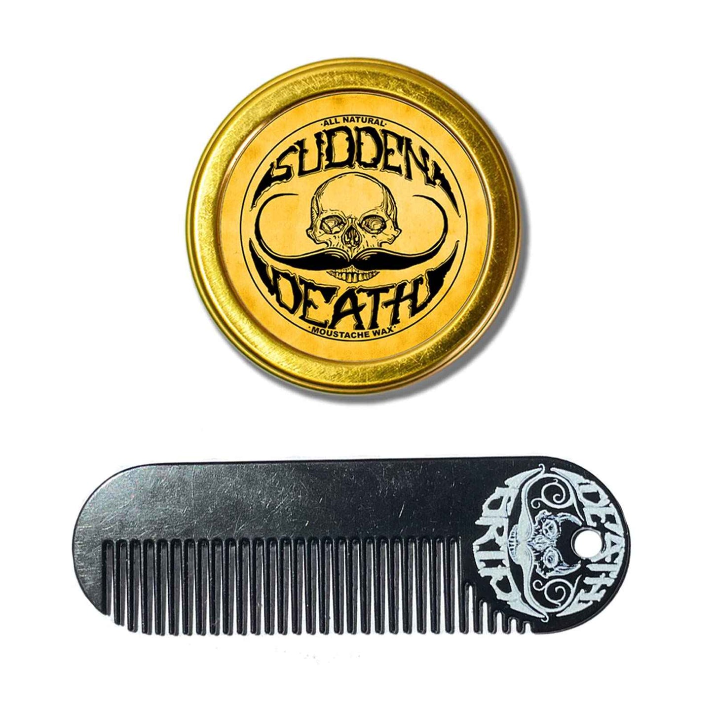 The Vintage Beard Company Sudden Death Strong Hold Mustache Wax and Death Grip Mustache Keychain Comb Set