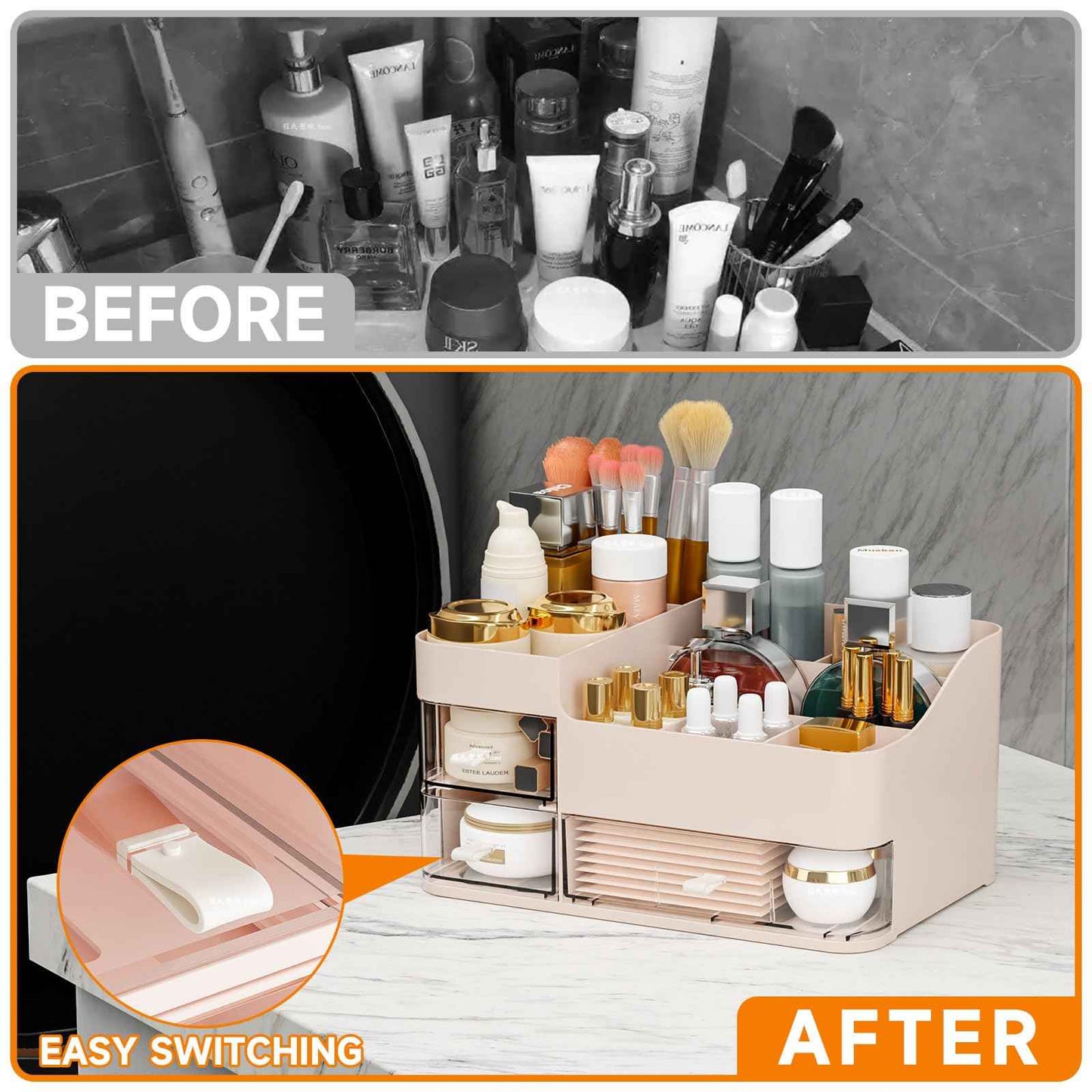 SuoXing Pink Makeup Organizer for Vanity,Large Plastic Skincare Organizers With Drawers,Bathroom Counter Organizer Cosmetic Storage for Dresser Top Skin Care,Lotion,Beauty Products and Brush Holder