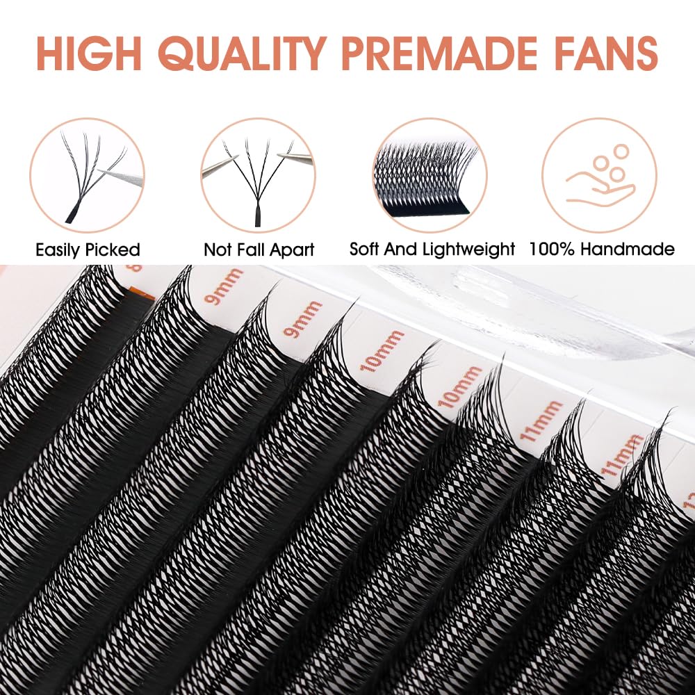 NATUHANA WW Clover Eyelash Extensions 0.07mm C Curl 9-15 Mixed Tray Double 4D lashes Supplies Premade Fans Russian Volume Faux Mink 12Rows/Case W Shape Lash Extensions (d4D black;0.07 C, 9-15 MIX)