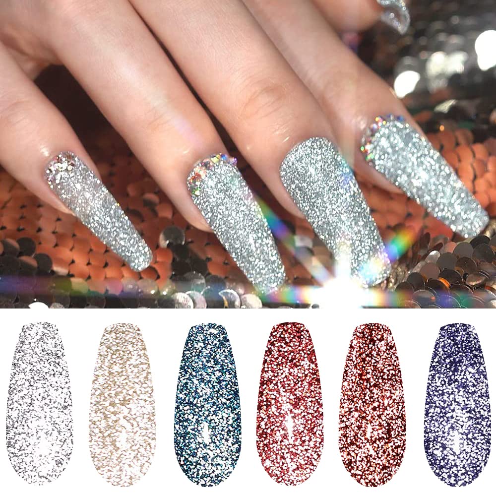 Vishine Reflective Shinny Glitter Gel Nail Polish, Explosion Diamond 6 Colors Charming Red, Brown,Blue, Noble Golden, Classic Sliver Holographic UV LED Soak Off Home Manicure Nail Art 8ml