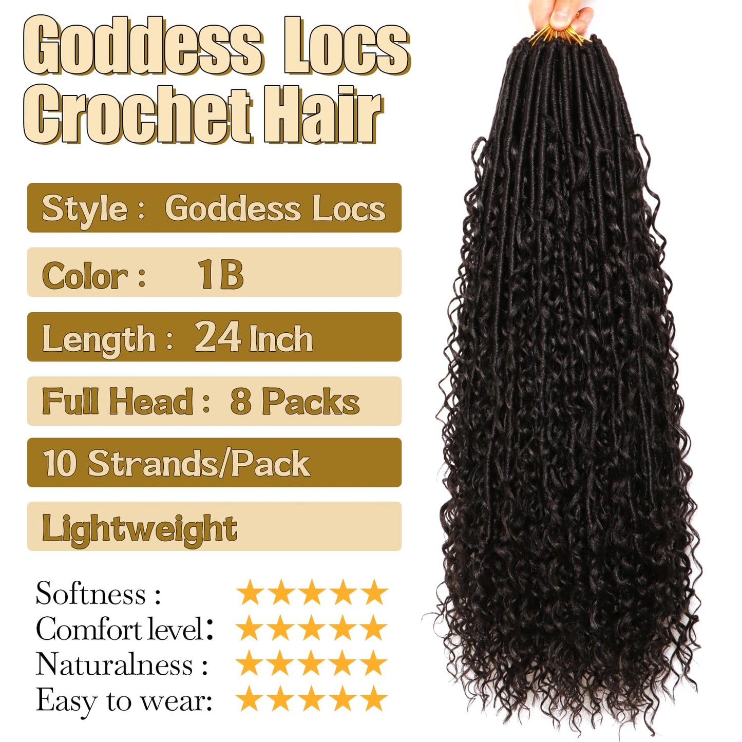 8 Packs Goddess Faux Locs Crochet Hair-24 Inch Boho Soft Locs Crochet Hair for Black Women (#1B, 24 Inch(Pack of 8))