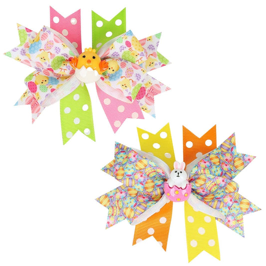 2 Packs Easter Bunny Hair Clips Hair Bow Clips with Cartoon Bunny and Chick Hair Bows Boutique Grosgrain Ribbon Hair Pins Lovely Easter Hair Accessories for Kids Girl