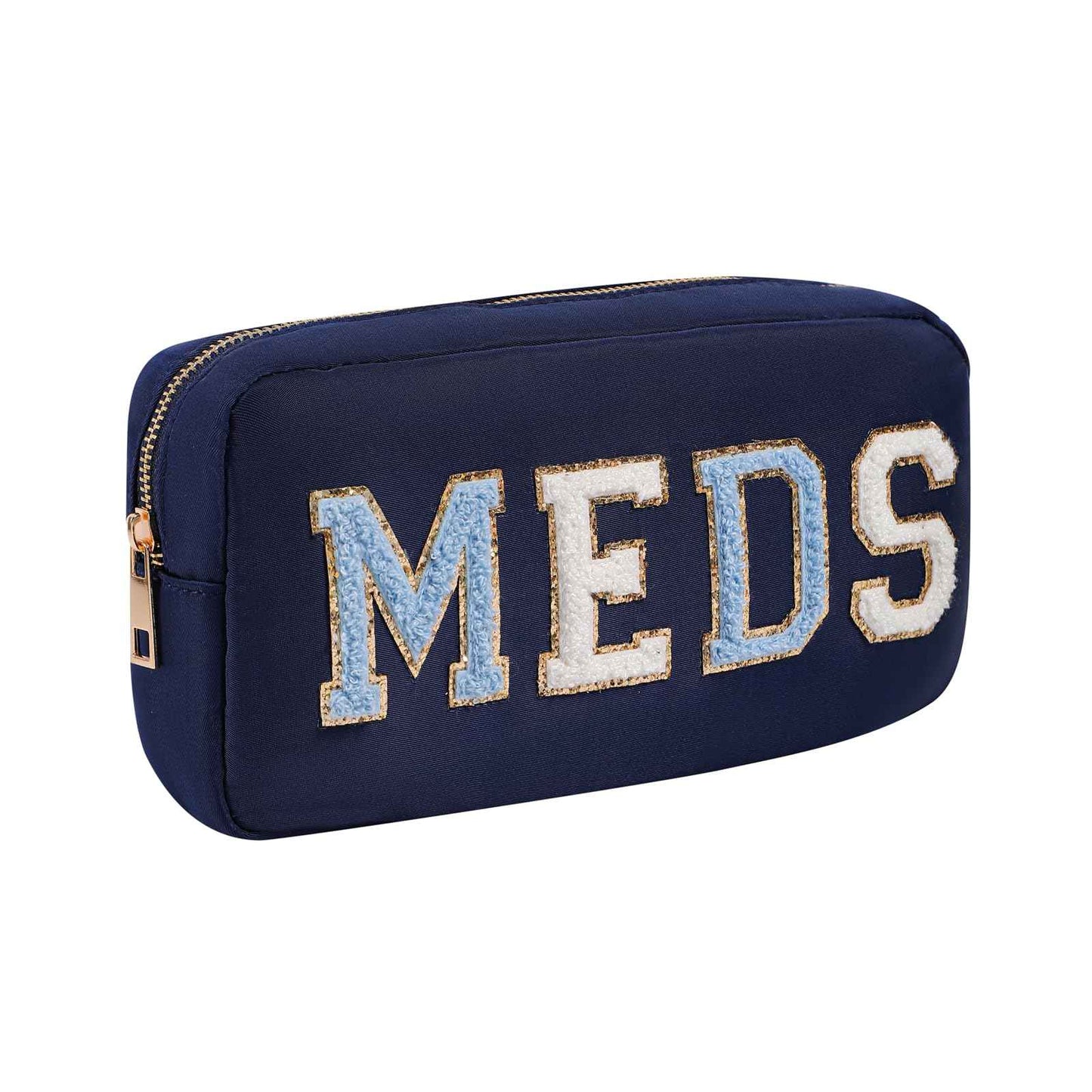 Chenille Letter Patch Nylon Medicine Packages,Cute MEDS Travel Makeup Bag with Metal Zipper, First Aid Purse Organizer Cosmetic Bag for Women and Girls(03Navy)