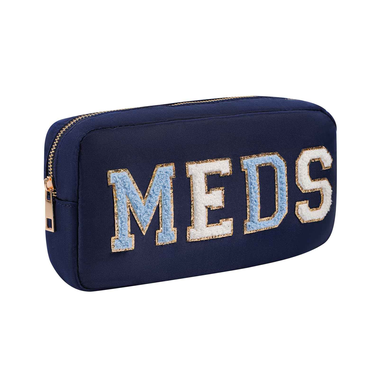 Chenille Letter Patch Nylon Medicine Packages,Cute MEDS Travel Makeup Bag with Metal Zipper, First Aid Purse Organizer Cosmetic Bag for Women and Girls(03Navy)