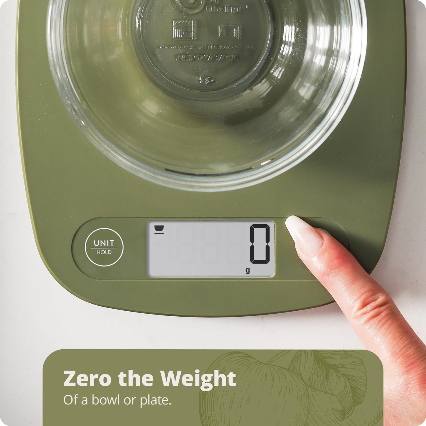 Greater Goods Digital Kitchen Scale - Cooking, Baking, Meal and Food Prep Scale, Weighs in Grams, Pounds and Ounces, Moss Green