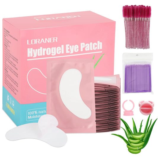 LORANER 350 PCS Under Eye Gel Pads,Eyelash Mascara Brushes,Holder Eyelash Extension Rings - 100% Naturel Lint Free,Comfy and Cool,Eyelash Extension Eye Pads,Hydro gel Eye Patches Beauty Tool(Pink)