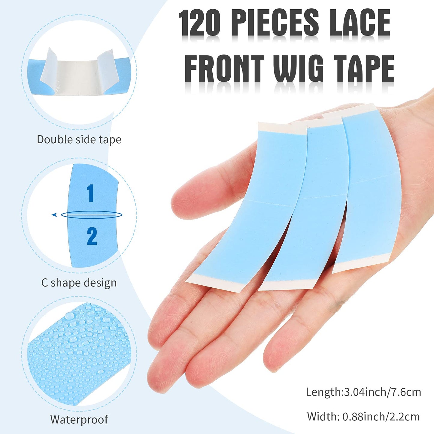 120 Pieces Lace Front Wig Tape Double Sided Adhesive Wig Tapes Waterproof Lace Tape C-Shaped Wig Tape Hair Wig Tape for Long Short No Hair Wigs Toupees Hair Pieces and Hair Extension, in Blue