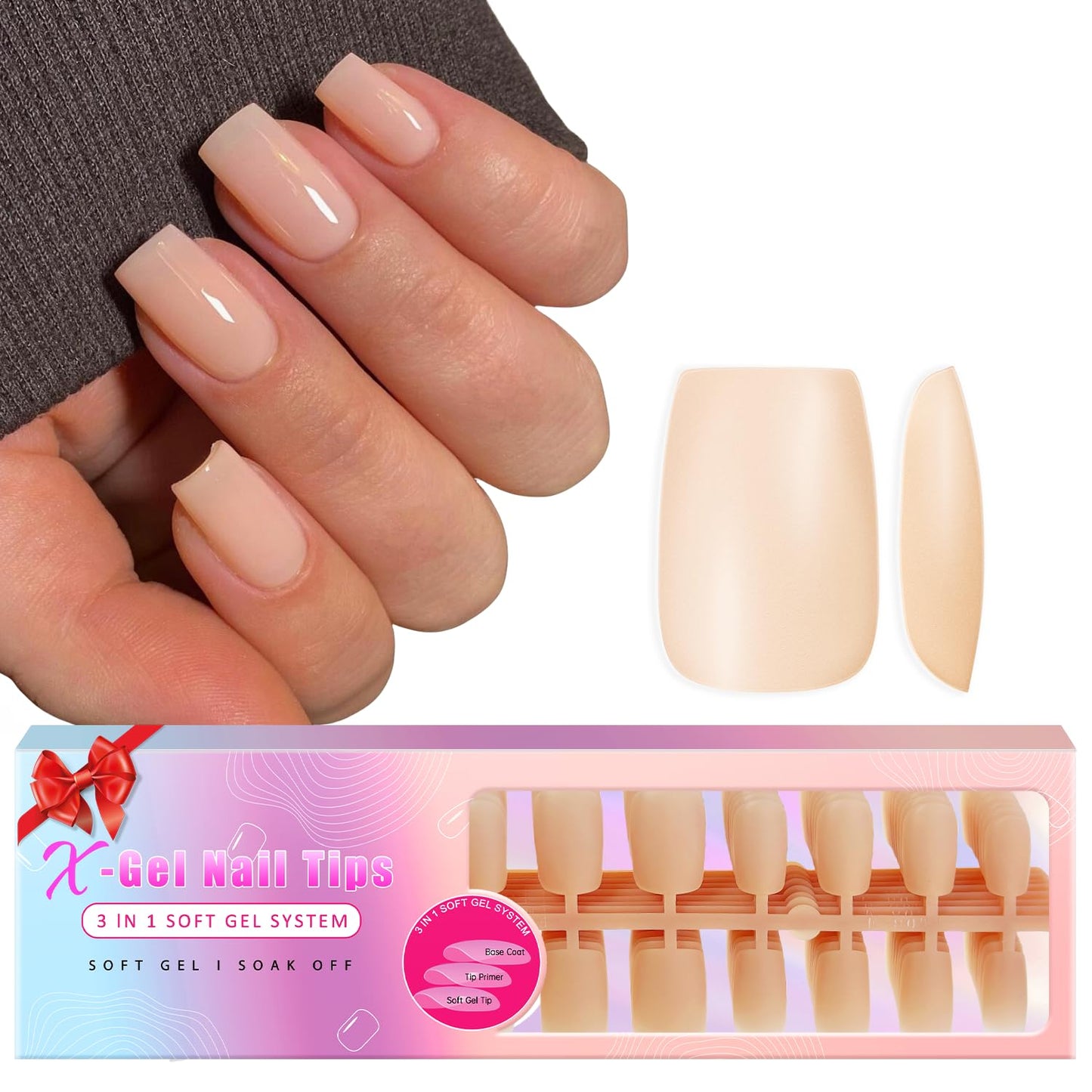 KQueenest Natural Nude Gel x Nail Tips Medium Short Square, Skin Tone Gel Press on Nails Medium, Semi-Transparent Gel Tips Nails Fake Nails, Pre Colored Gel Nail Tips Kit for DIY Nail Art 300 Pcs