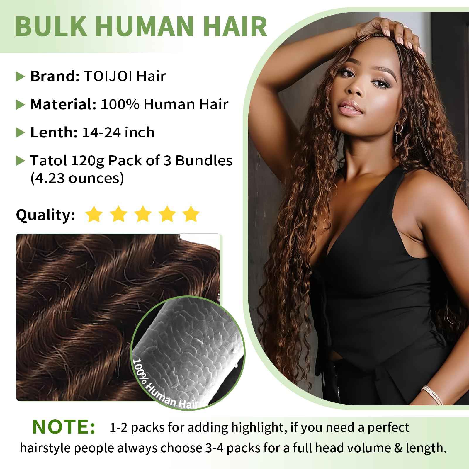 Human Braiding Hair for Boho Braids 120g 12A Deep Water Wave Bulk Human Hair Knotless Boho Braiding Curly 100% Virgin No Weft Extensions Bohemian Braids 3 Bundles/Pack Chocolate Brown 14 Inch