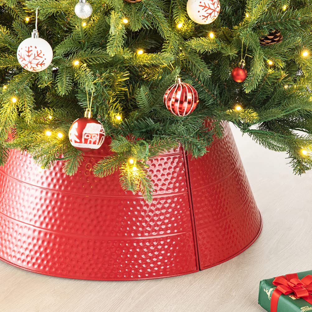 Glitzhome 26" D Red Hammered Metal Tree Collar Tree Base Cover Decorative Christmas Tree Ring for Christmas Decoration