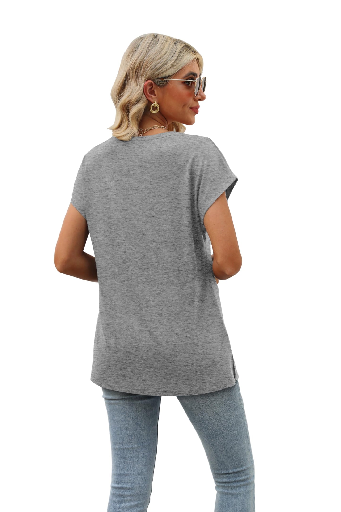 Womens Short Sleeve 2024 Summer Tops Trendy Tunics Or Tops to Wear with Leggings Loose Fit Shirts Grey S