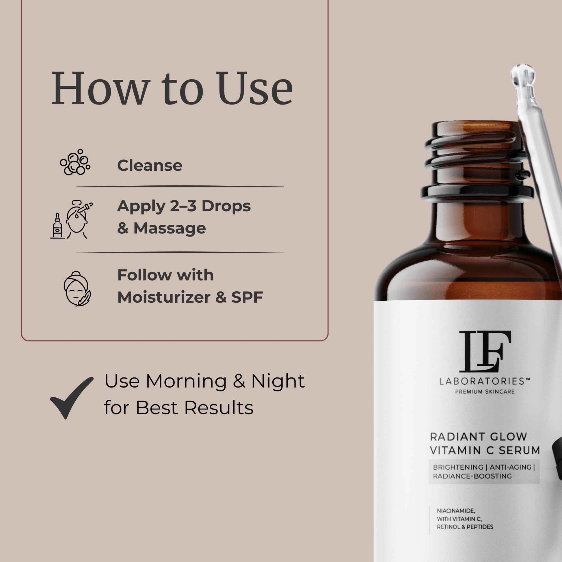 LF Laboratories Radiant Glow Vitamin C Serum with Retinol, Peptides, Niacinamide & Hyaluronic Acid – Brightening & Anti-Aging Face Serum for Dark Spots & Fine Lines – 1 fl oz / 30 ml