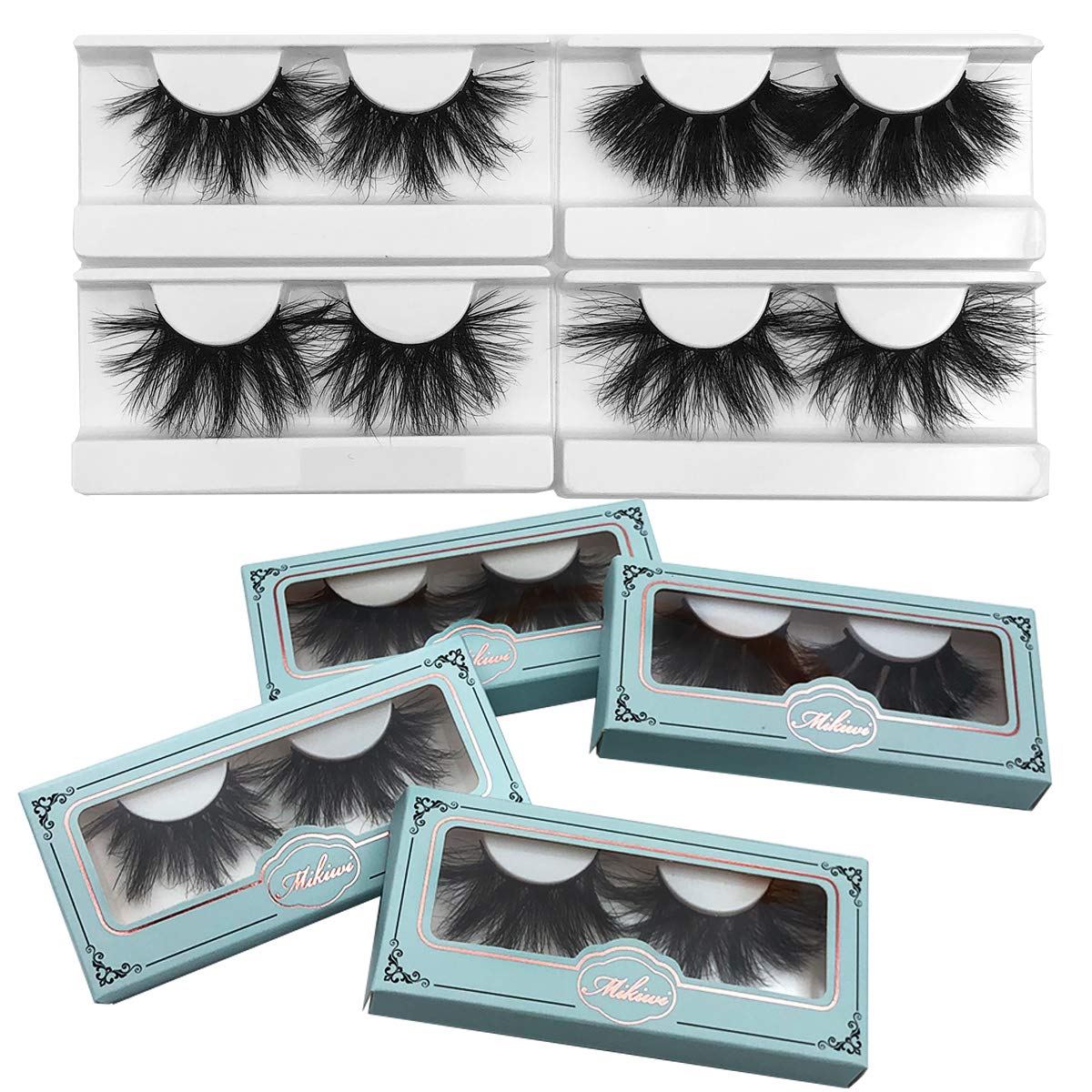 25mm Mink Lashes Mikiwi, Real Mink Lashes, Thick HandMade Full Strip Lashes, Crueltyl Free Fluffy Lash, Luxury Makeup, Dramatic 3D Mink Lashes … (4 PACK-B)