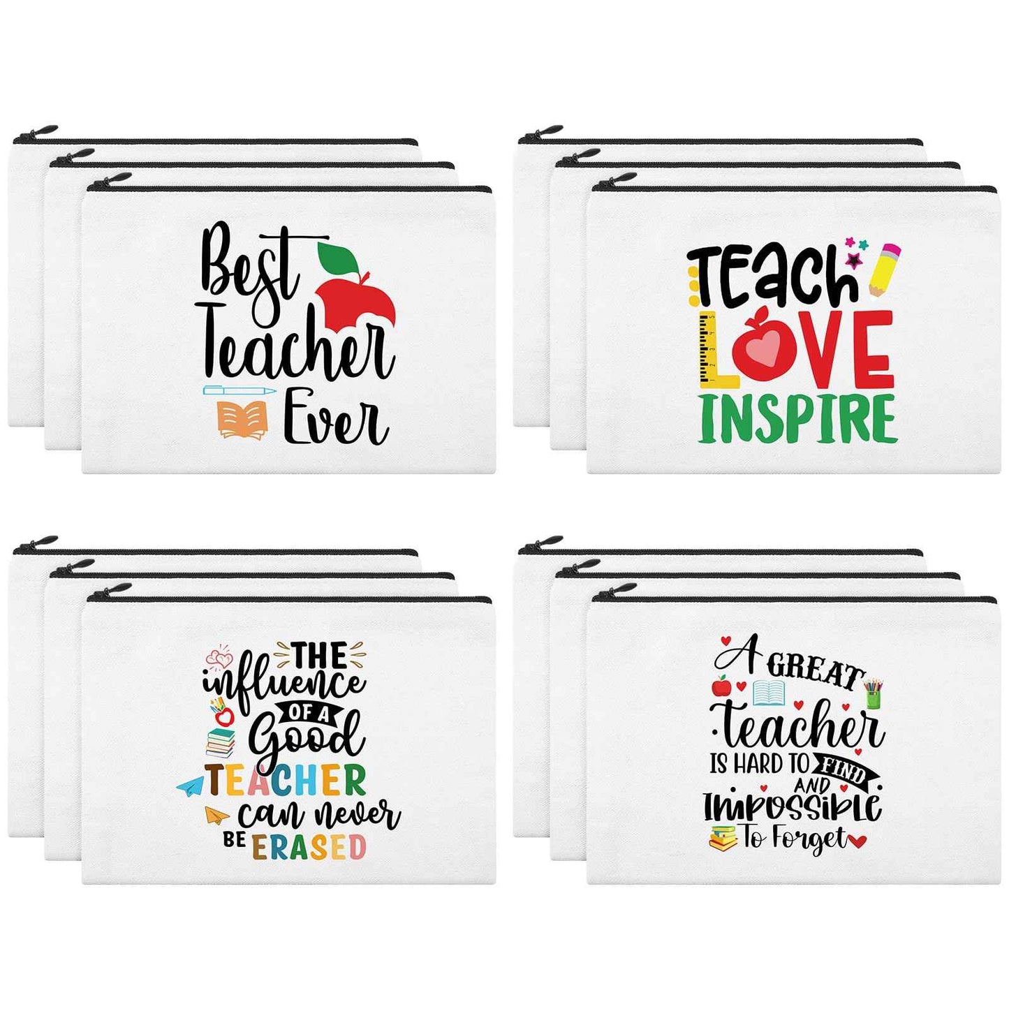 Kajaia 12 Pcs Teacher Gifts Makeup Bags Teacher Appreciation Travel Toiletry Canvas Cosmetic Pencil Survival Kit Bag for Women Zipper Pouch Bag Thank You Gifts Bulk (Warm Words)