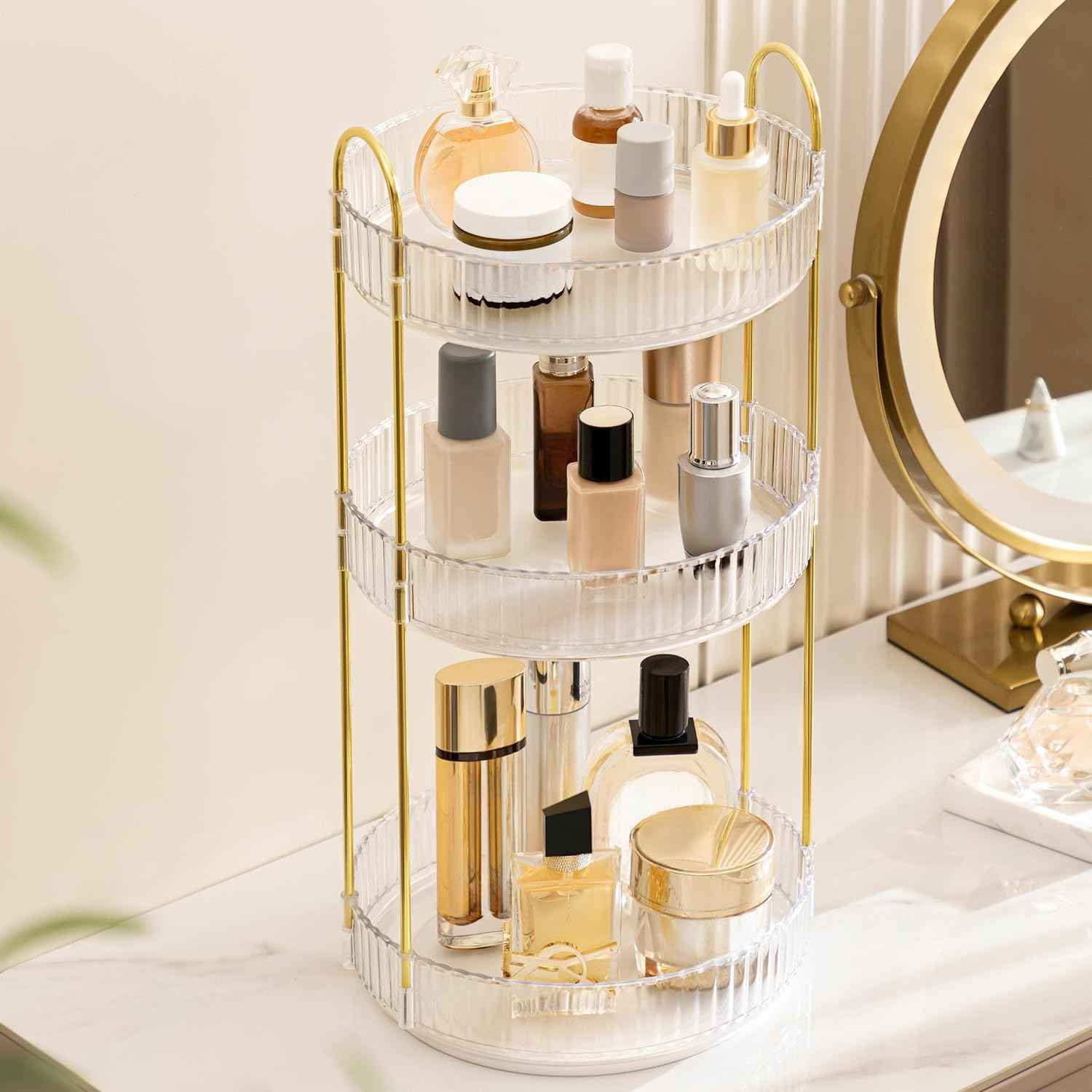 HBlife 360° Rotating Makeup Organizer, 3 Tier Spinning Perfume Skincare Organizer Large Capacity Cosmetic Storage for Bathroom, Vanity, Countertop, Clear
