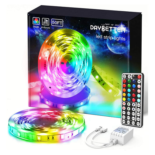 DAYBETTER (2rd Gen) SMD 5050 Remote Control Led Strip Lights 50ft Color Changing with 44Keys Remote Controller and 12V Power Supply for Bedroom