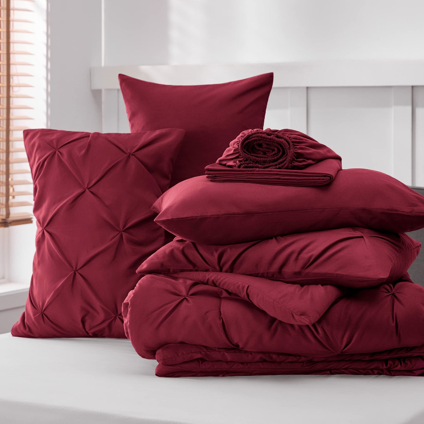 Bedsure Twin Comforter Set with Sheets - 5 Pieces Twin Bedding Sets, Pinch Pleat Burgundy Twin Bed in a Bag with Comforter, Sheets, Pillowcase & Sham