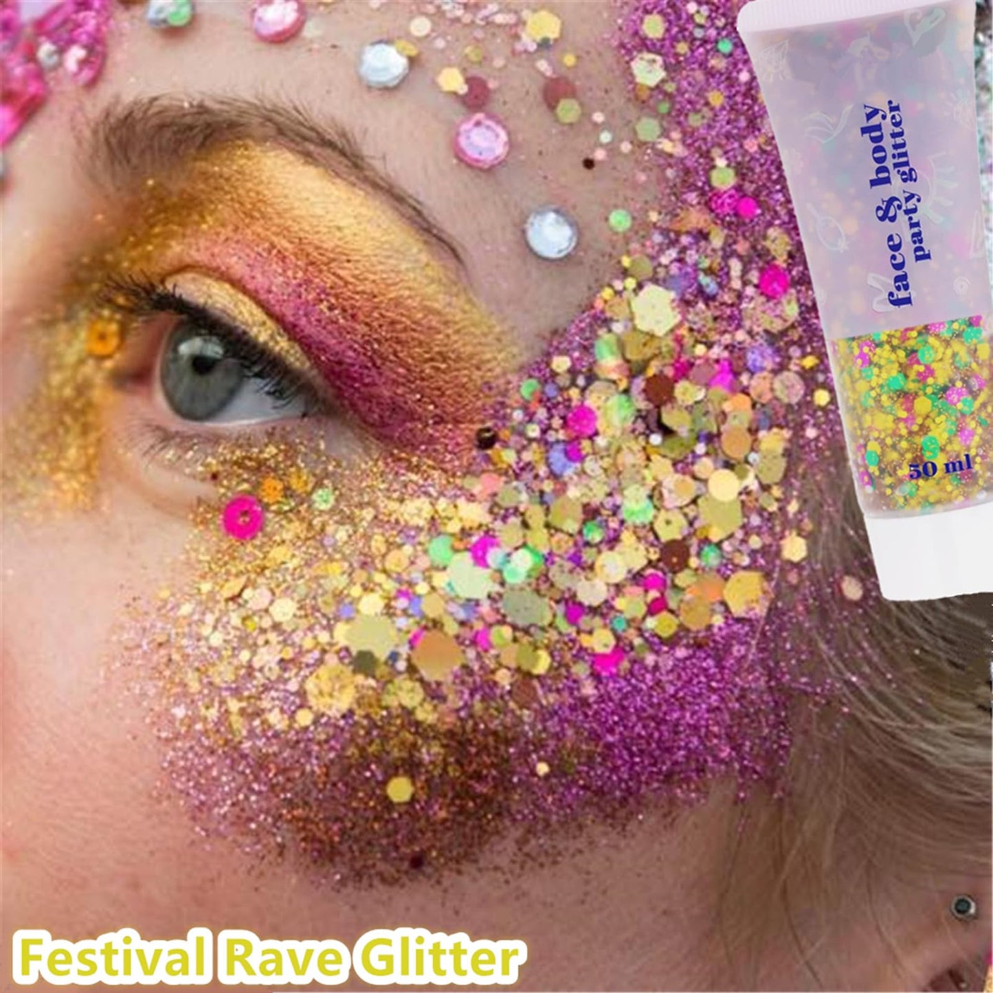 Go Ho Mardi Gras Body Glitter,St.Patrick's Day Face Glitter,Sparkly Holographic Glitter Mermaid Sequins Party Festival Rave Accessories,Gold Green Purple Chunky Sequins Glitters Gel