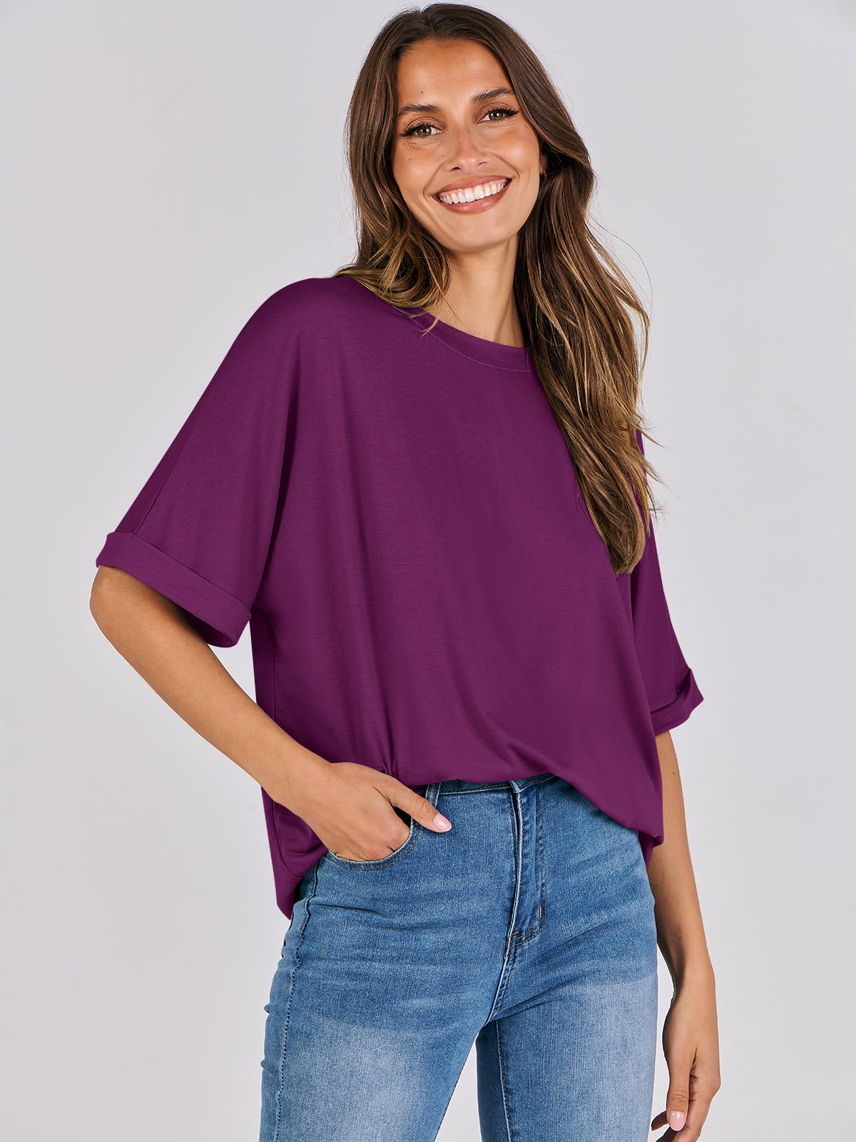 ANRABESS Women's Oversized T Shirts Short Sleeve Crewneck Summer Tops Casual Loose Basic Tee Shirts 2024 Trendy Clothes Purple Small