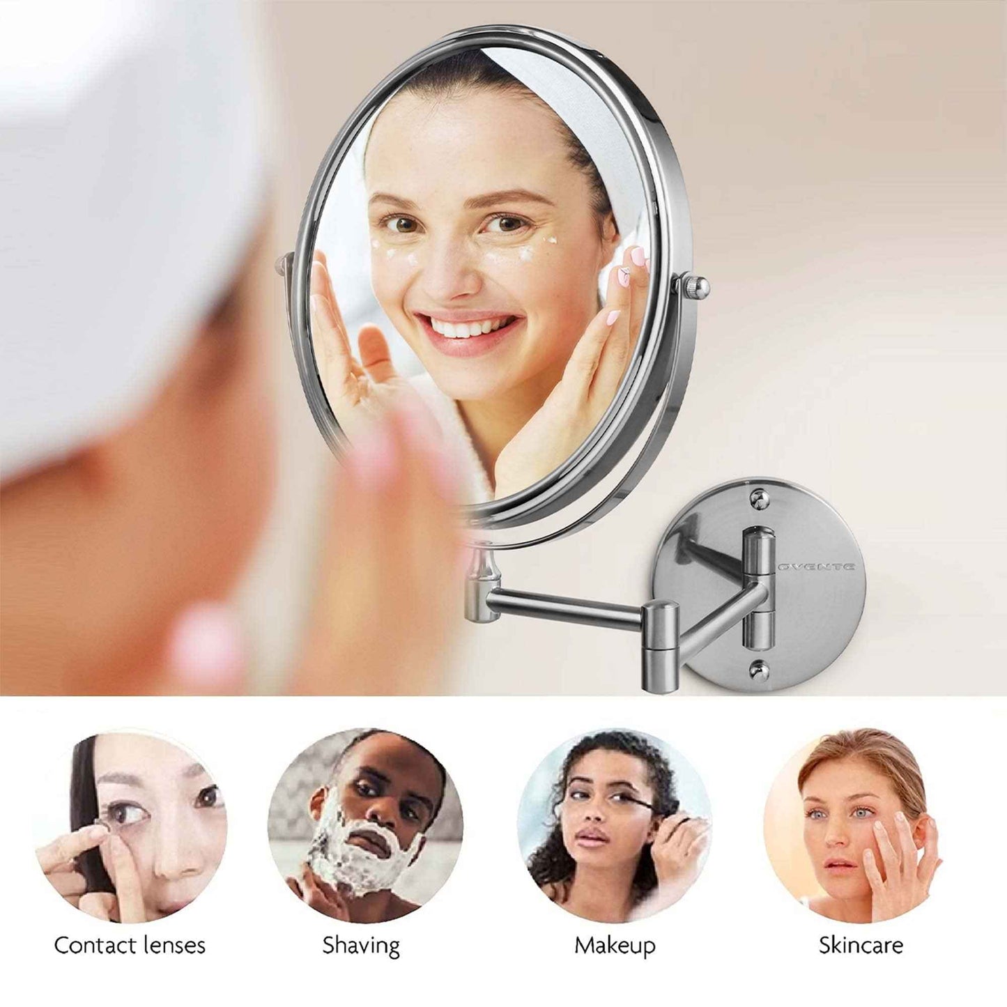 OVENTE 9" Wall Mounted Makeup Mirror with 1X/10X Magnification, Double Sided Magnifying Round Bathroom Vanity Mirror, 360° Swivel Design, Extendable and Folding Arm, Nickel Brushed MNLFW90BR1X10X