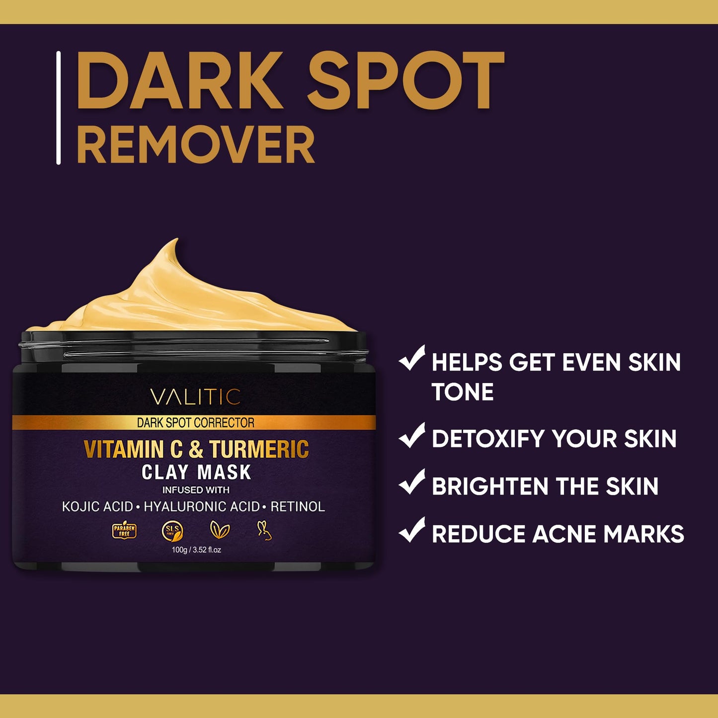 VALITIC Vitamin C & Turmeric Clay Mask - Dark Spot Corrector with Kojic Acid, Hyaluronic Acid & Retinol - Skin Care Routine for Minimizing Pores & Blackheads - with Applicator Brush - 100g