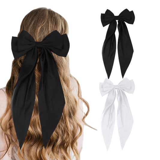 Hair Accessories for Women and Girls - 2 PCS Black and White Hair Bows, Including Barrettes, Clips, and Ribbons