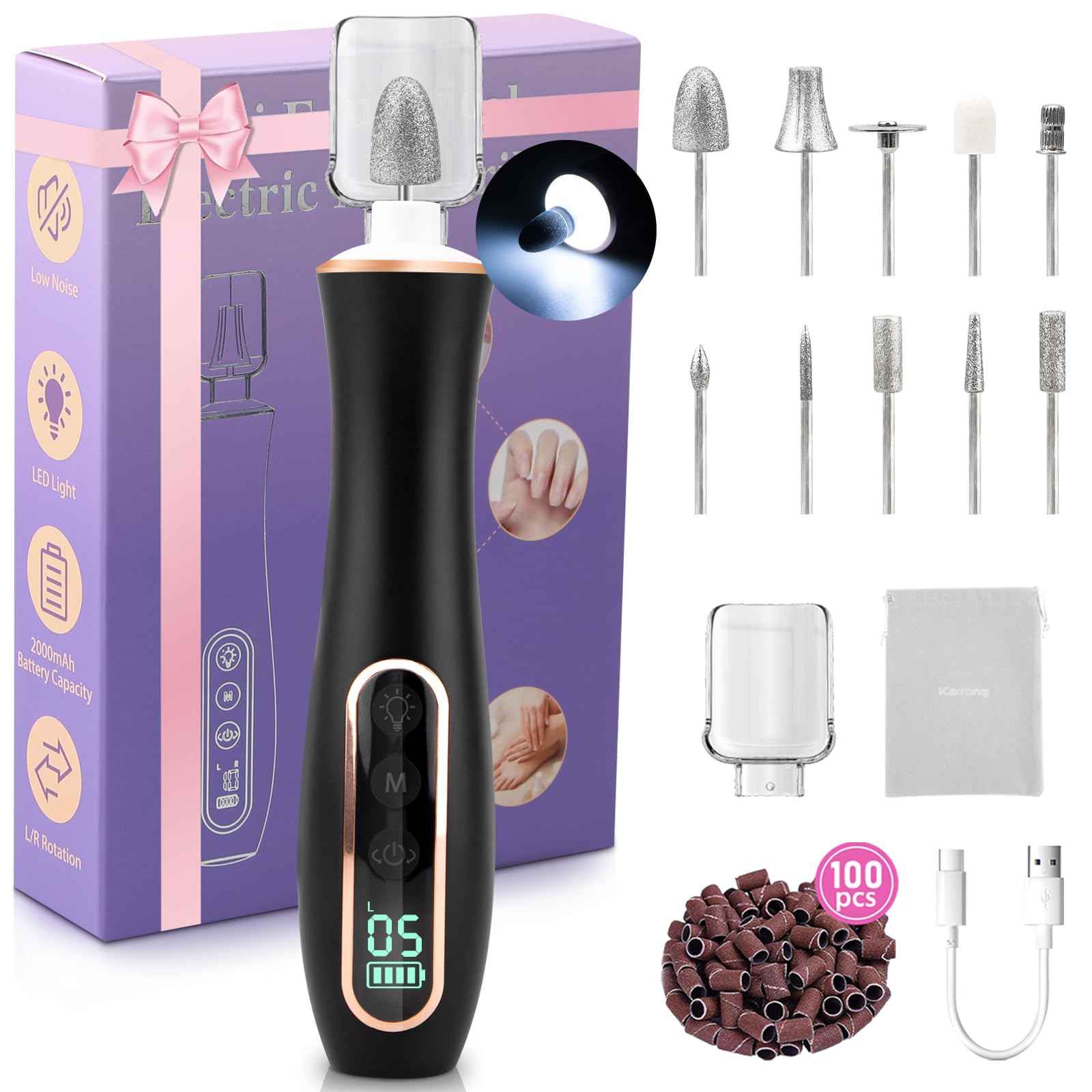 Professional Manicure Pedicure Kit, Cordless Electric Nail File Set, 360° LED Light Nail Drill Machine with LCD Display, 10 Speeds Rechargeable Nail Drill for Gel Nail Thick Toe Nails Christmas Gifts