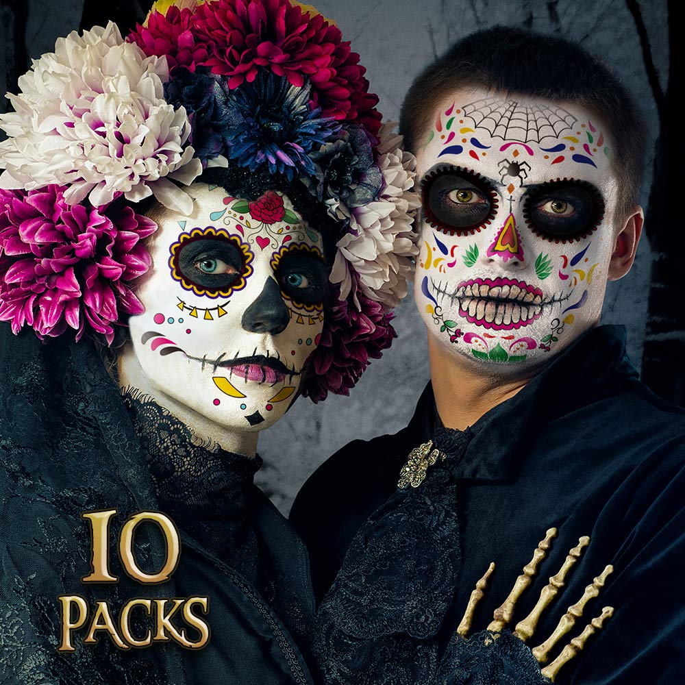 Day of the Dead Face Tattoos Makeup- Halloween Costume for Women Men Adults Kids |Halloween Skeleton Dia De Los Muertos Temporary Tattoos | 10 PCS Red Rose Sugar Skull Face Tattoo Decor Stickers Kit