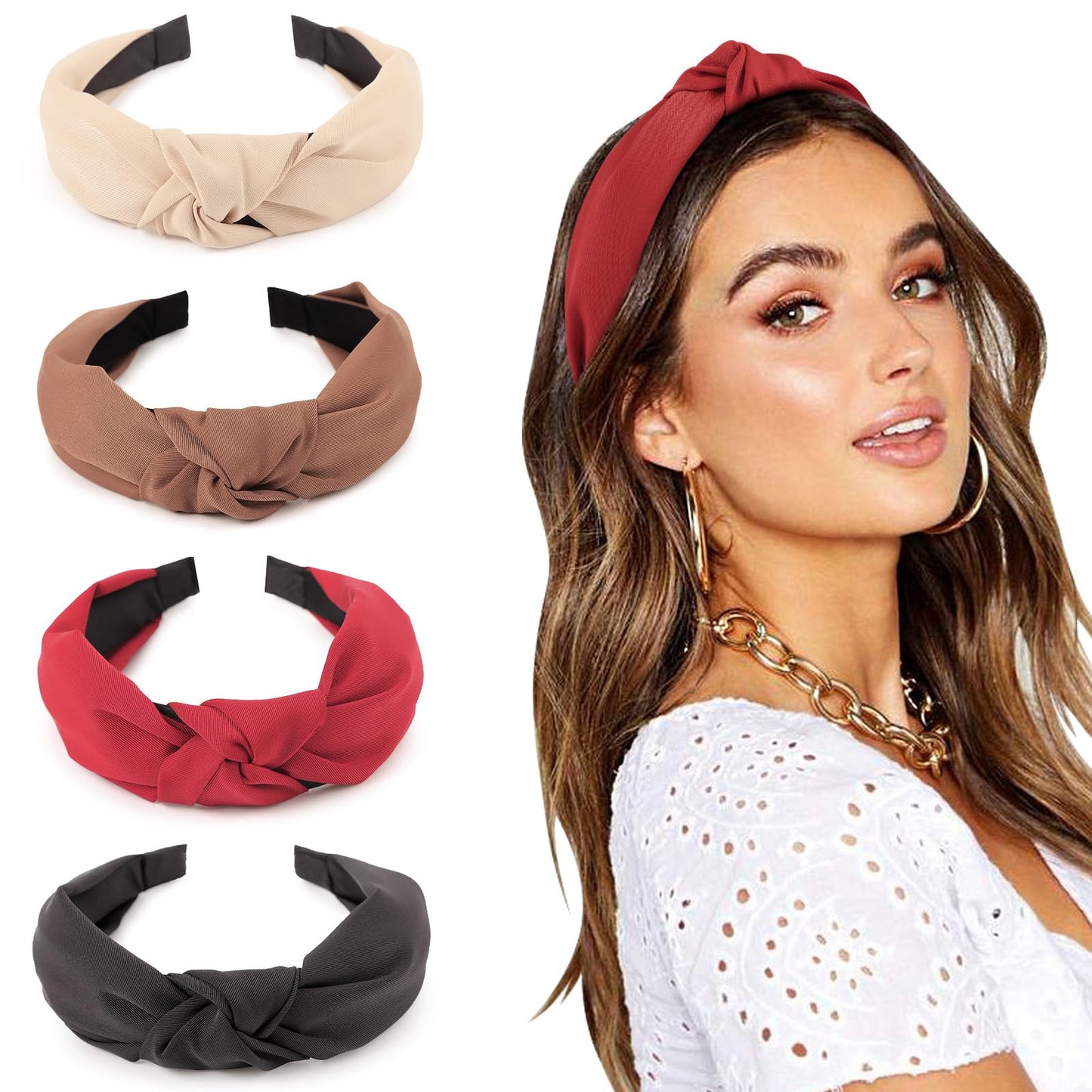 DRESHOW Women's Headbands, 4 Pcs Knotted Non Slip Fashion Hairbands for Girls, Solid Boho Wide Top Knot Hair Hoops Hair Accessories