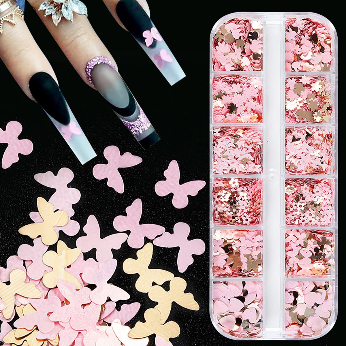 12 Grids Gold Pink Nail Glitter Sequins 3D Cherry Blossoms Butterfly Nail Glitter Flakes Rabbit Love Heart Nail Sequins Supplies Sparky Cute Nail Art Decorations for Women Nail Charms Accessories