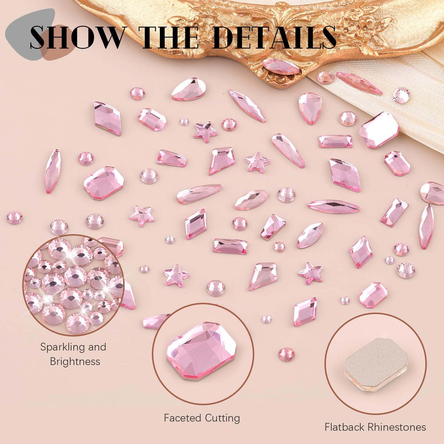 3220Pcs Pink Glass Nail Rhinestones 120Pcs Multi Shapes Flatback Gems Crystal + 3100Pcs 1.5-4mm Round Beads, Manicure Diomand Jewelry Gemstones for Nail Design Makeup Acrylic Nails Decoration