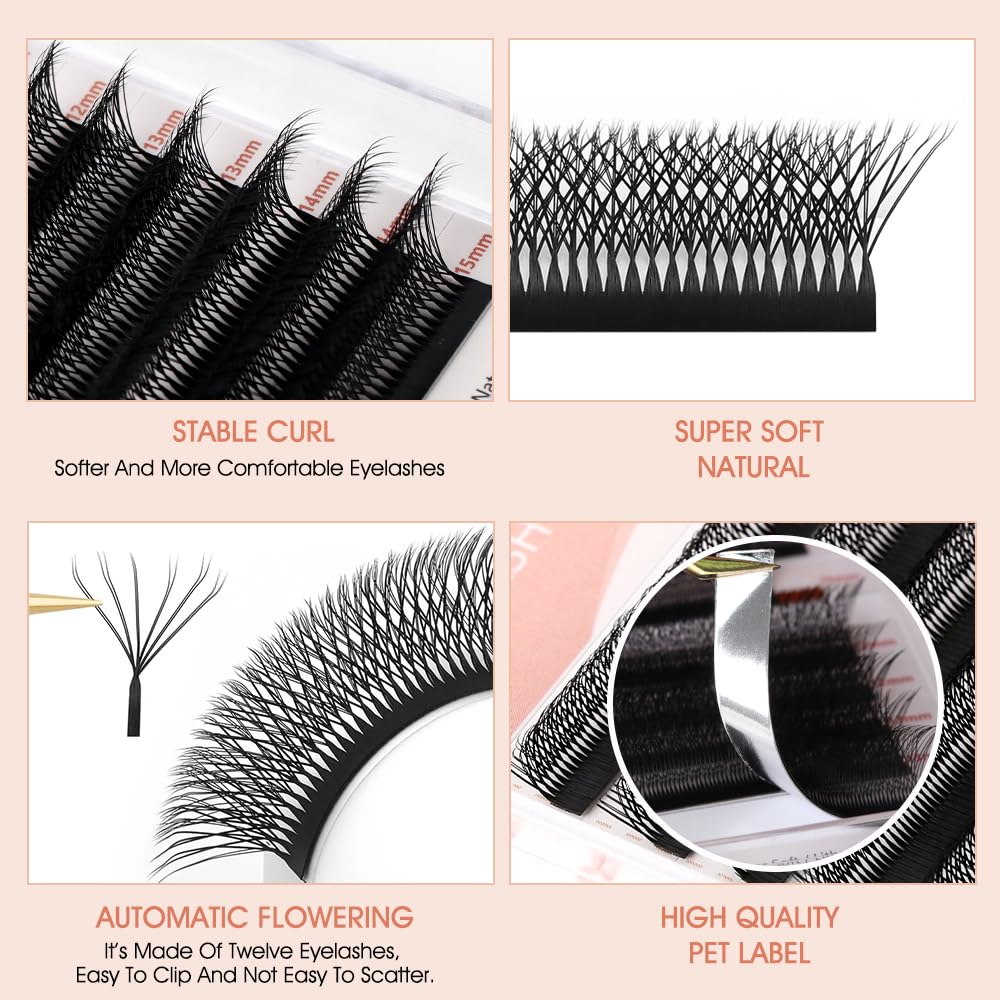 NATUHANA WW Clover Eyelash Extensions 0.07mm D Curl 8-12 Mixed Tray Double 6D lashes Supplies Premade Fans Russian Volume Faux Mink 12Rows/Case W Shape Lash Extensions (d6D black;0.07 D, 8-12 MIX)