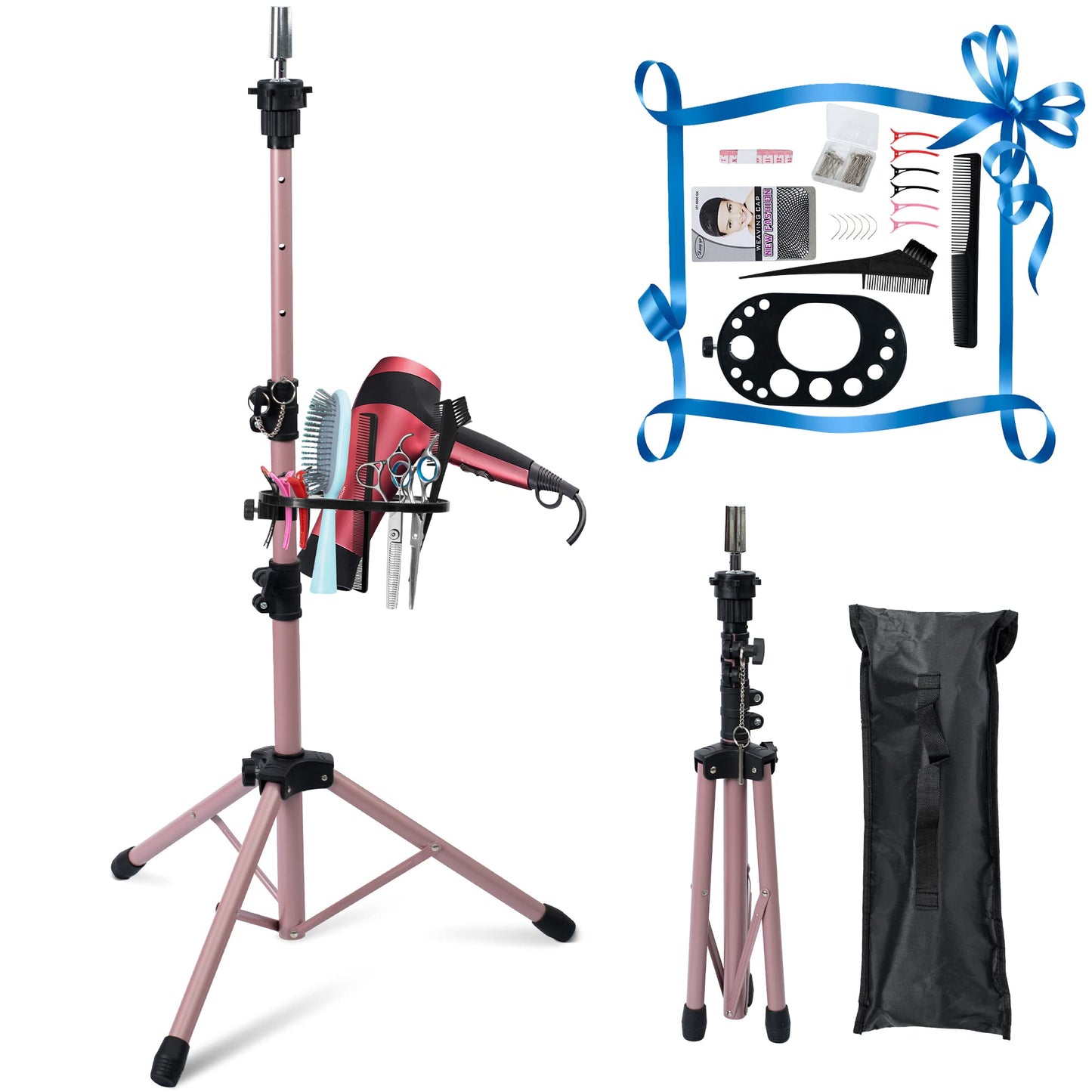 Klvied Pink Wig Stand Tripod Upgraded, Double Locking Adjustable Mannequin Head Stand, Reinforced Metal Wig Head Stand with Tool Tray for Cosmetology Hairdressing Training (53.5 Inches)