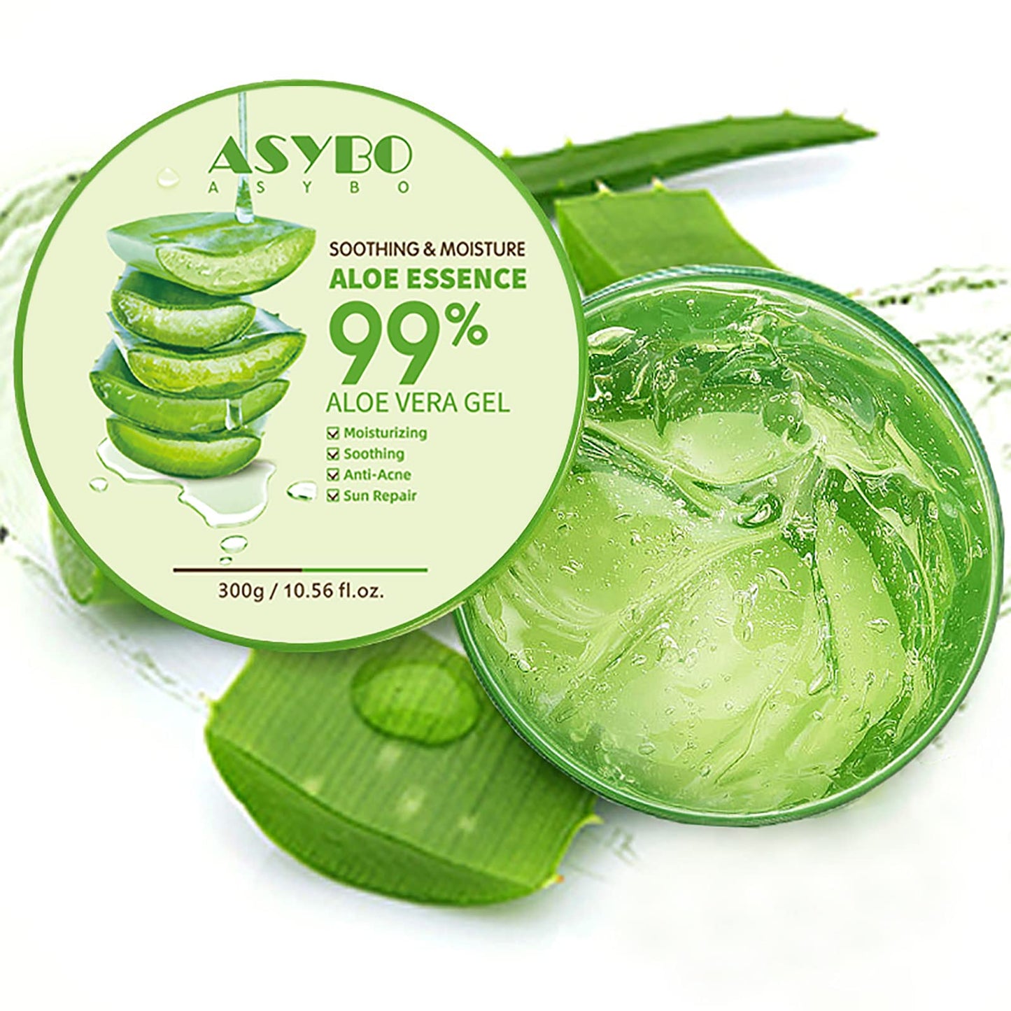 ASYBO 300x2 ML Natural Aloe Vera Gel -Organic Moisturizing Aloe Vera, Soothing and Hydrating, Sunburn and Scar Repair, After Sun Care for Face Body Hair