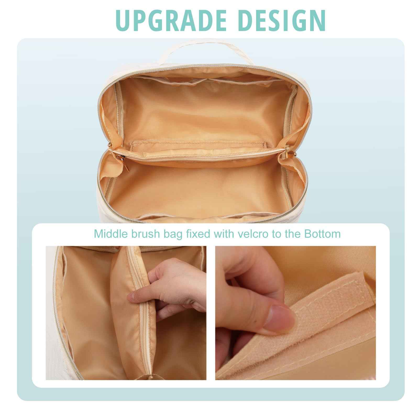 Bunnychill Makeup Bag Cosmetic Bag, Large Capacity Travel Makeup Bag for Women with Portable Pouch Open Flat Water-resistant Toiletry Organizer Bag with Handle (Beige)