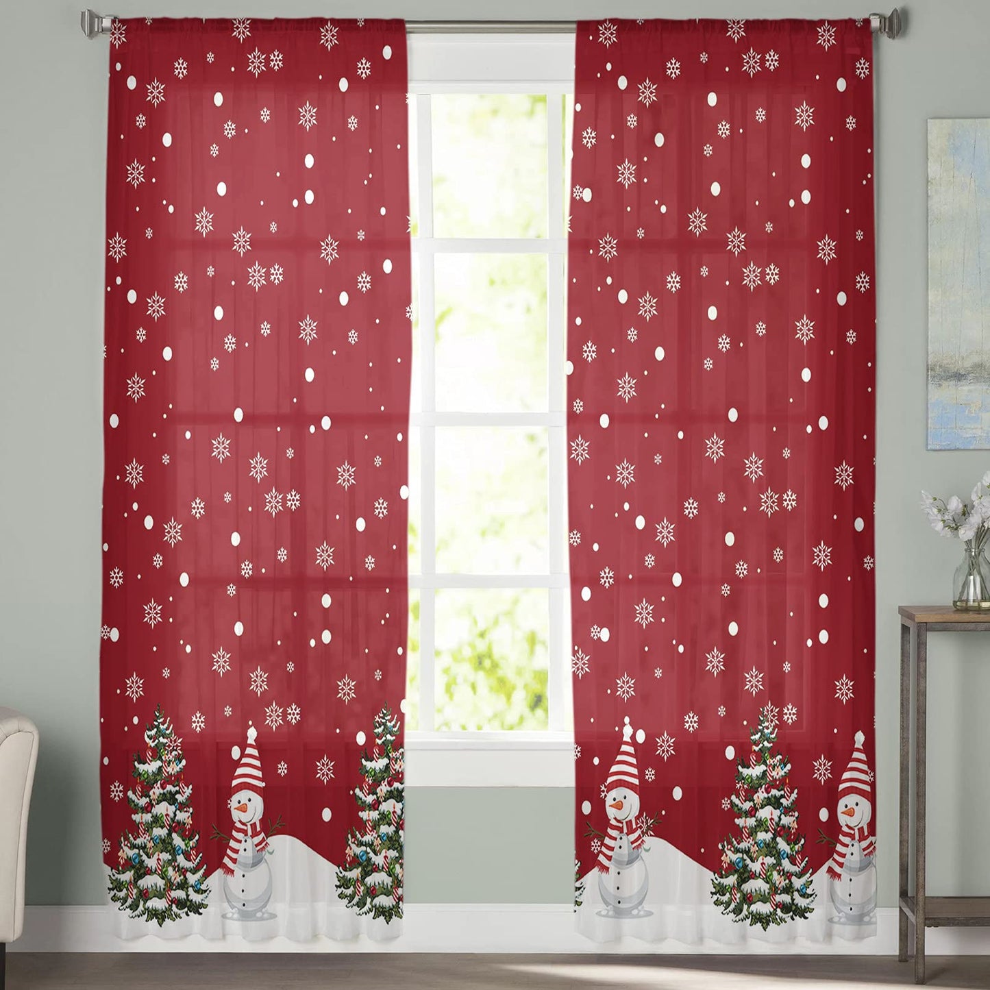 Christmas Sheer Curtains 72 Inches Length 2 Panels Set, Snowman Red Decor Bedroom Curtain Drapes, Xmas Tree Winter Snowflake Semi Curtain Sheers for Living Room/Cafe, Rod Pocket Voile Window Treatment