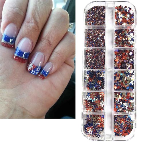 4th of July Nail Art Glitter Powder 3D Holographic Independence Day Nail Art Flakes Sequins Hollow Out Star Hexagon Design American Flag Nail Powder 4th of July Glitter Makeup DIY Manicure Decoration