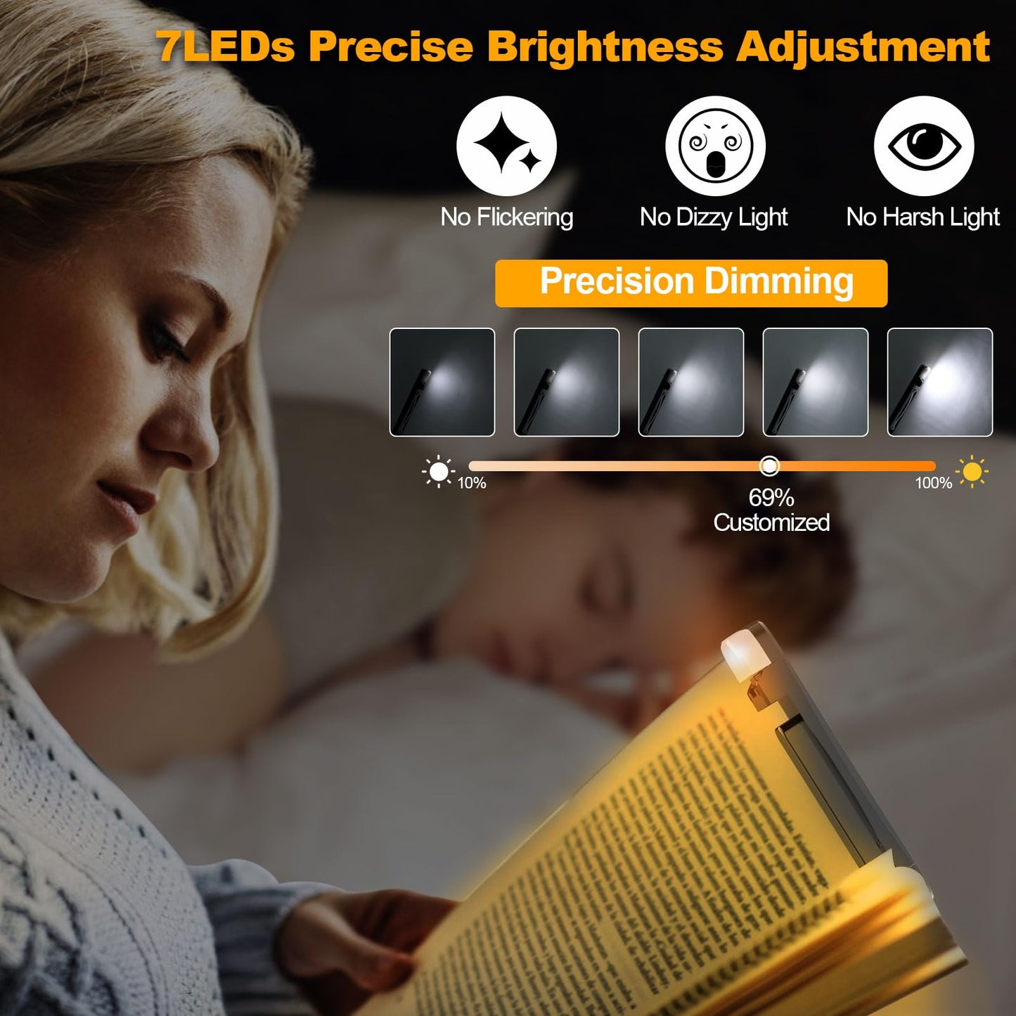 HIONXMGA Book Reading Light,Silent Touch Book Lamp for Reading in Bed,Rechargeable Clip on Booklight with 3 Amber Colors & 7 LEDs Precise Dimming for Eye Caring Night Reading,Book Lovers,Kids,Black