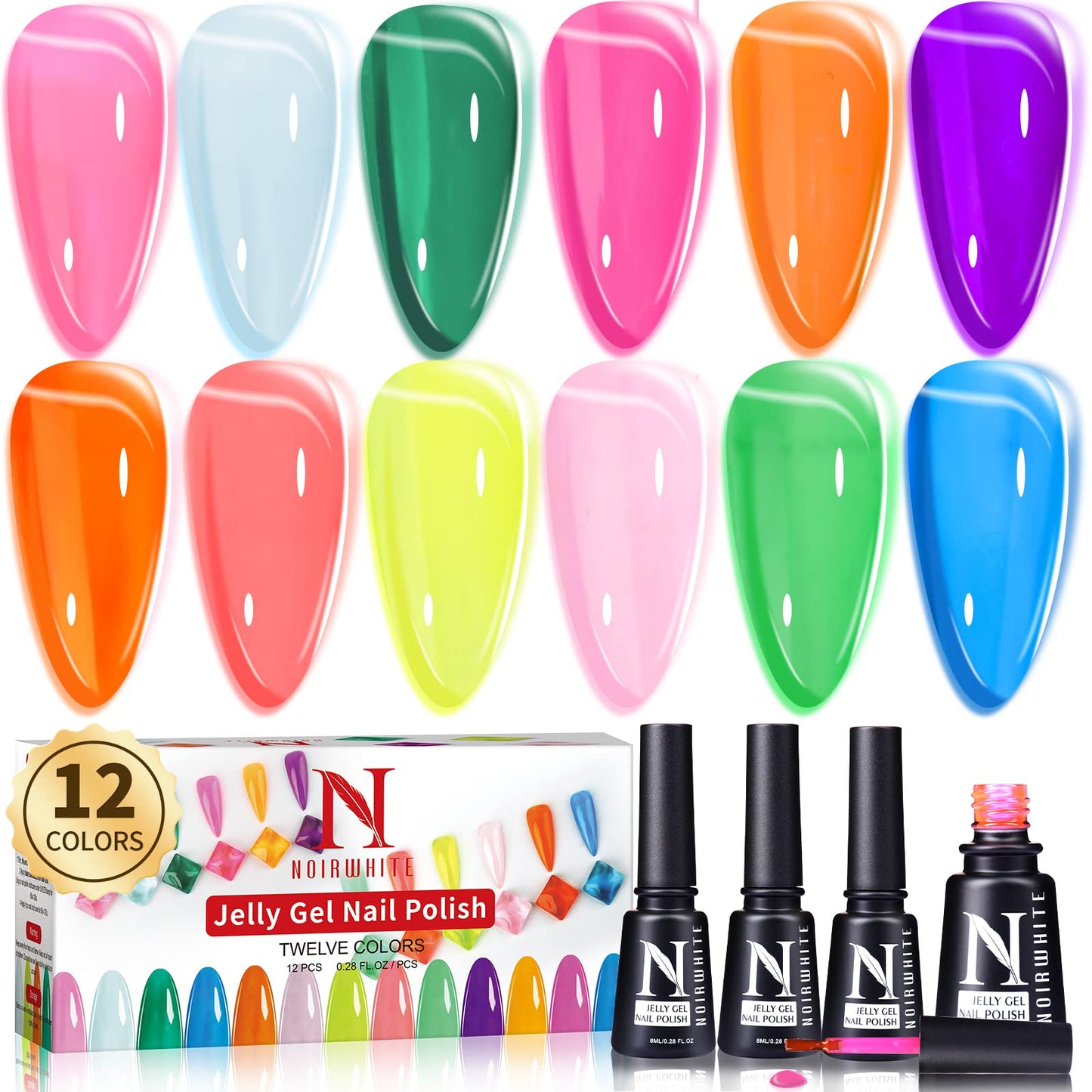 noirwhite Jelly Gel Nail Polish, 12 Pcs Glossy Trendy Colors Transparent Nail Polish Set Nude Pink Purple Green Blue Yellow Colors Jelly Nail Polish Kit UV LED Soak Off Home DIY Nail Art Salon