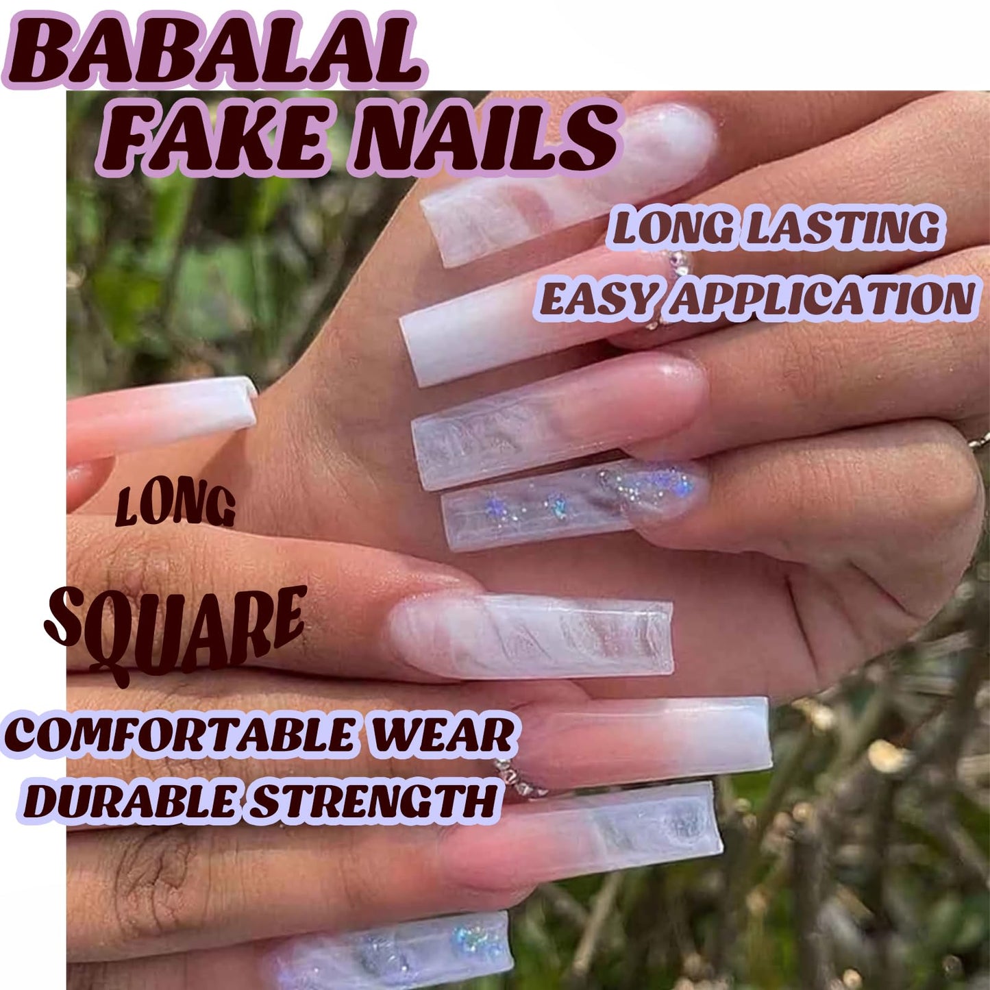 BABALAL Square Press on Nails Long Fake Nails Pink White Glue on Nails Glitter Rhinestone Acrylic Nails 24Pcs Shiny Squoval Manicure False Nails